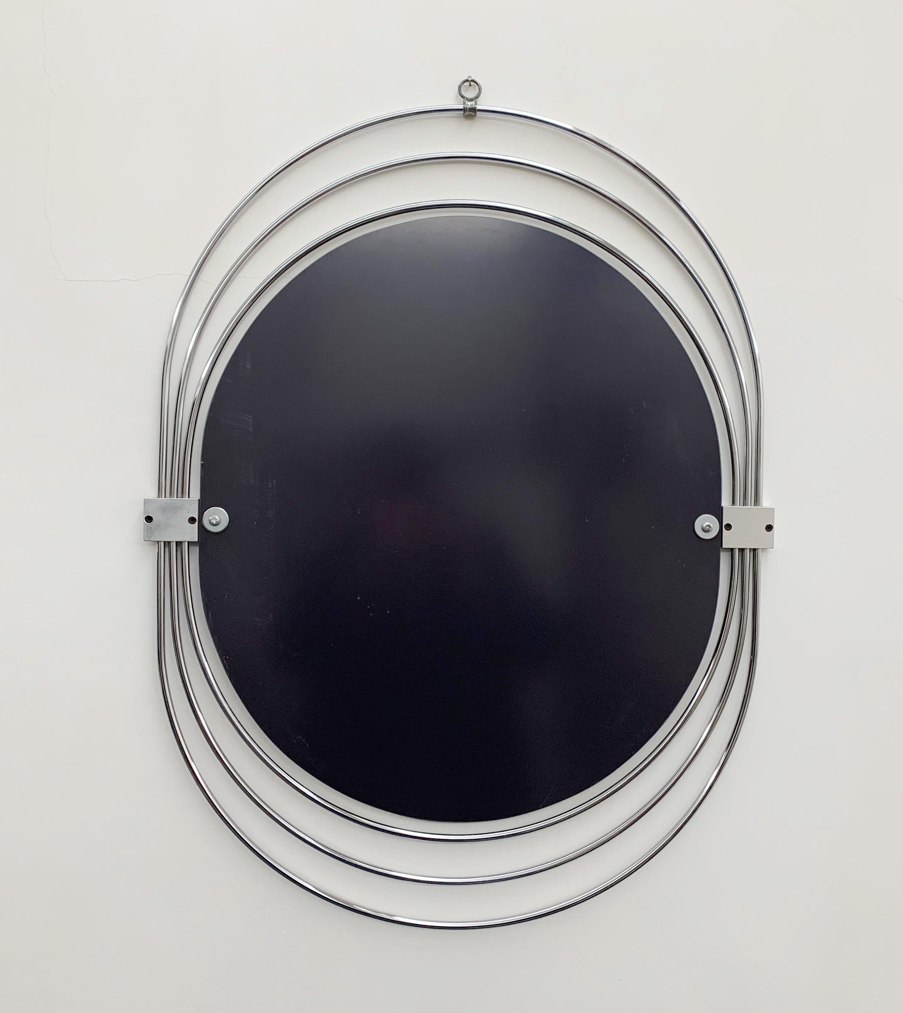 Oval Wall Mirror in Stainless Steel, Triple Frame, Smoked Mirror, Italy, 1970s For Sale 8