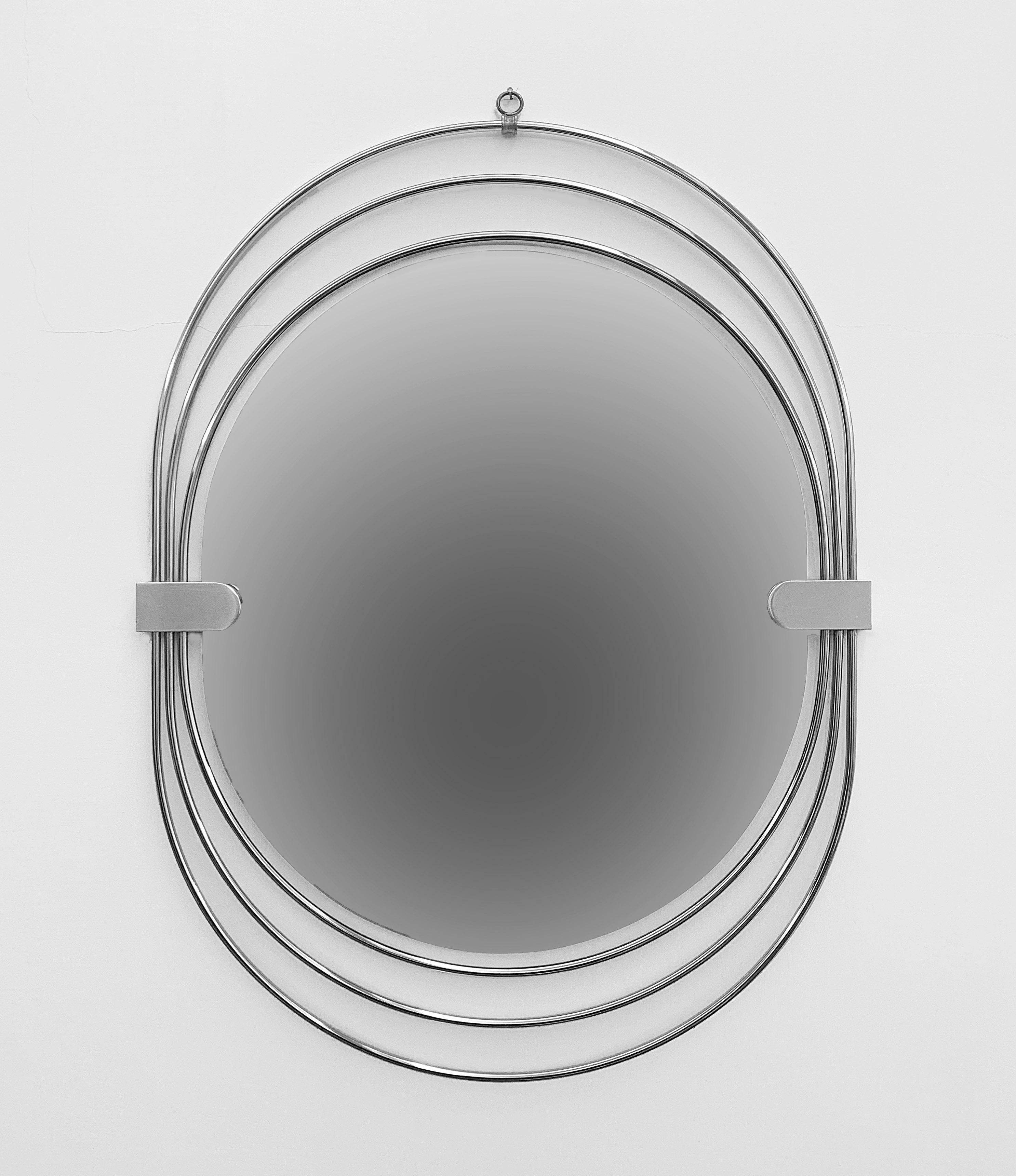 Miroir mural ovale en acier inoxydable, triple cadre, miroir fumé, Italie, 1970 en vente 8