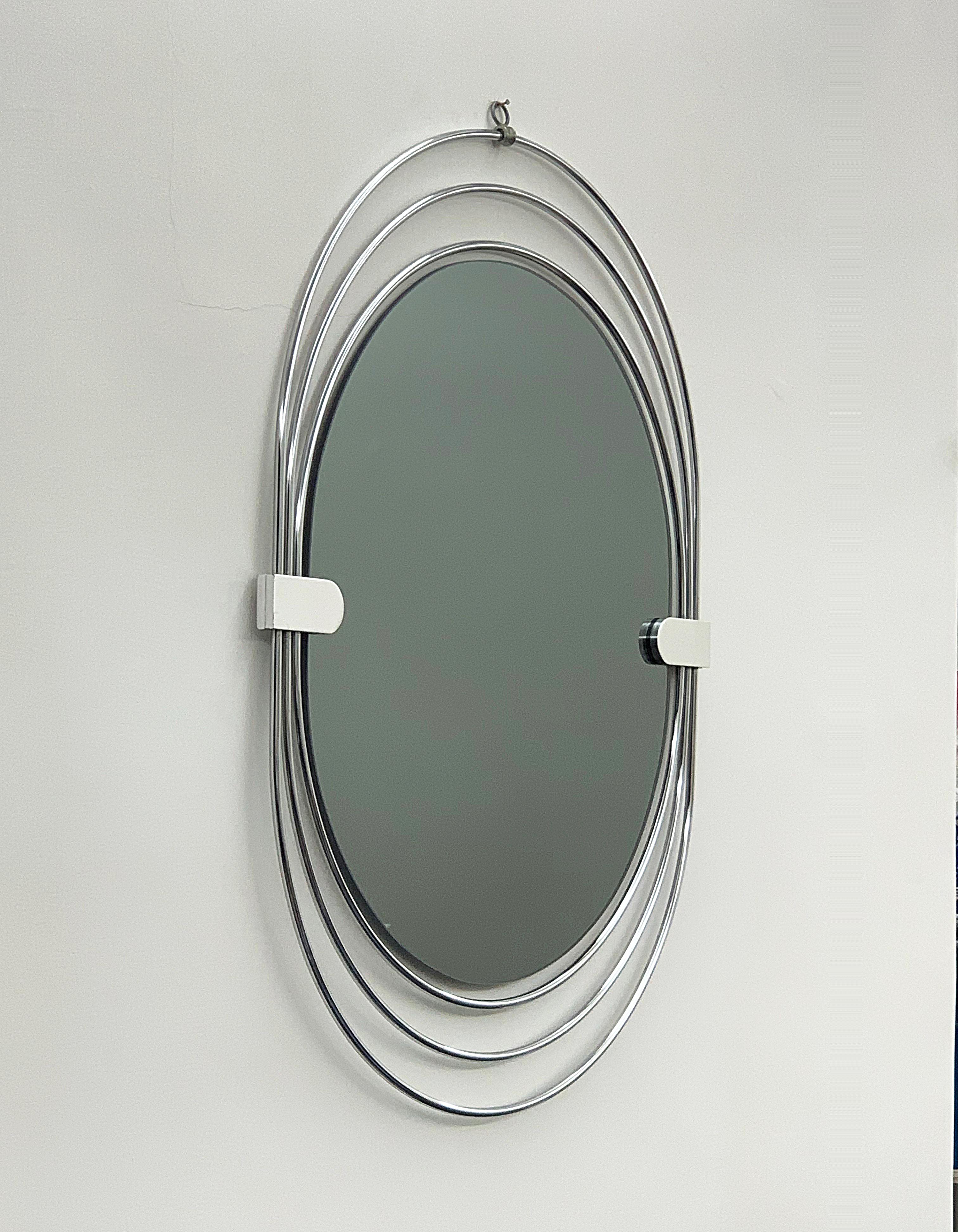 Oval Wall Mirror in Stainless Steel, Triple Frame, Smoked Mirror, Italy, 1970s For Sale 11
