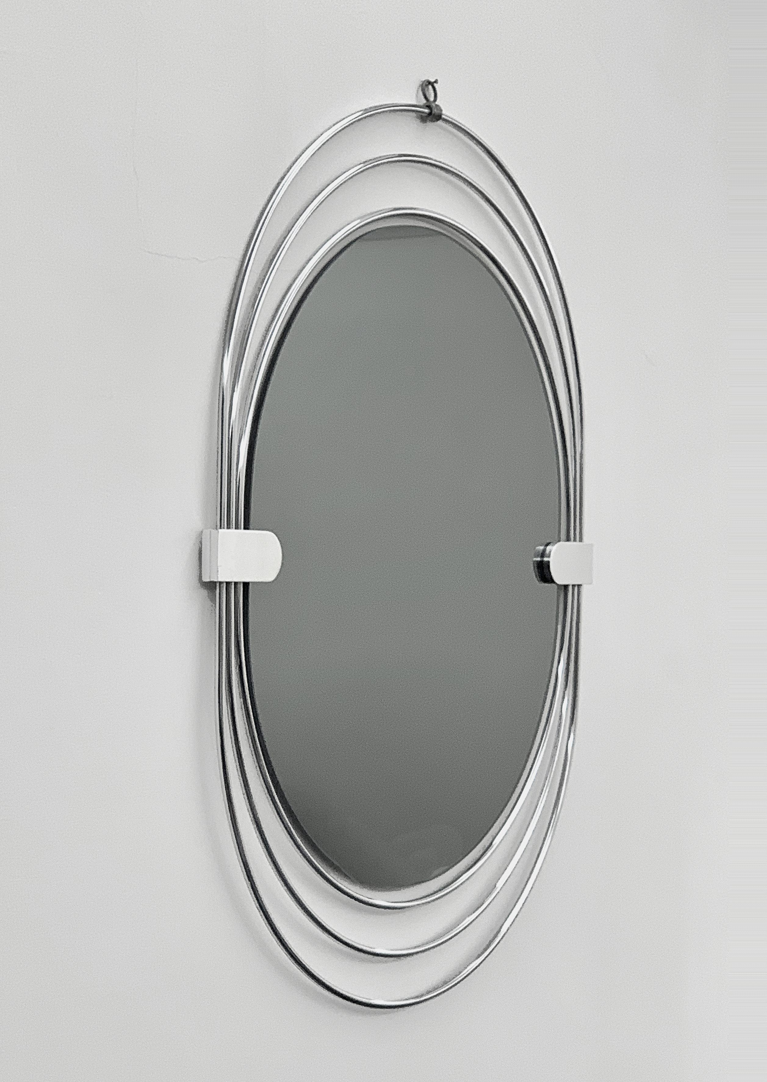 Mid-Century Modern Oval Wall Mirror in Stainless Steel, Triple Frame, Smoked Mirror, Italy, 1970s For Sale