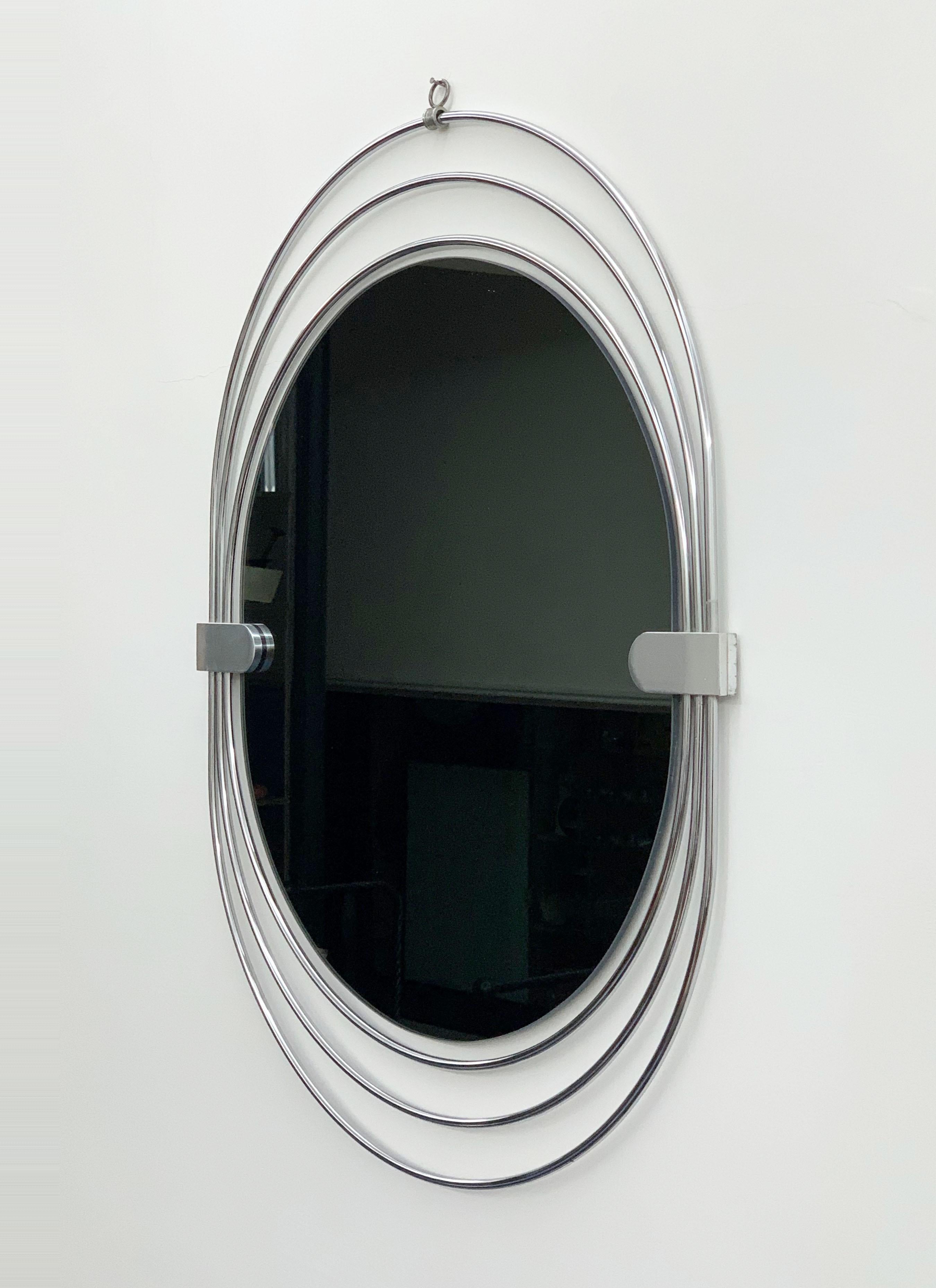 Oval Wall Mirror in Stainless Steel, Triple Frame, Smoked Mirror, Italy, 1970s In Good Condition For Sale In Roma, IT