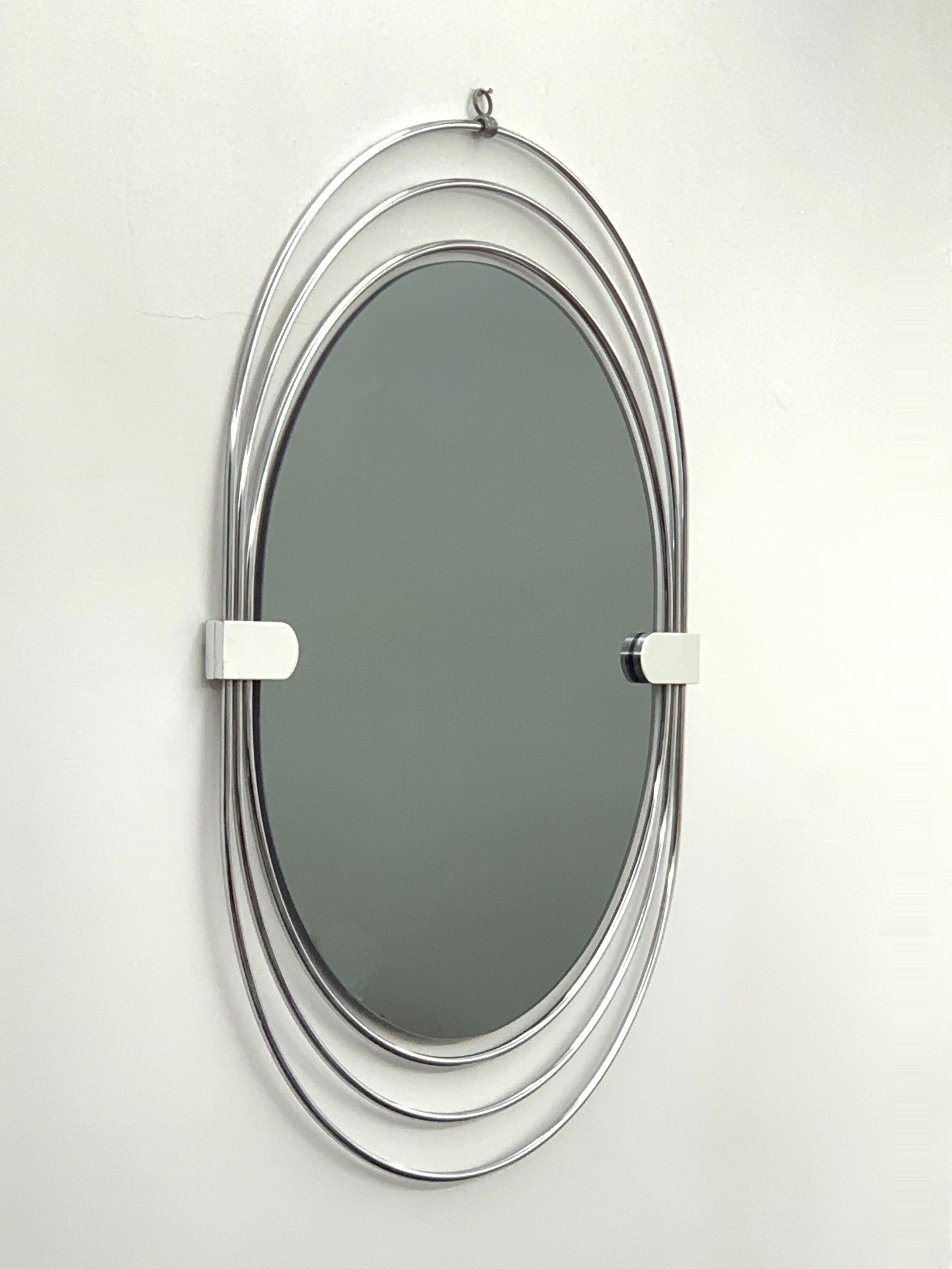 Oval Wall Mirror in Stainless Steel, Triple Frame, Smoked Mirror, Italy, 1970s For Sale 1