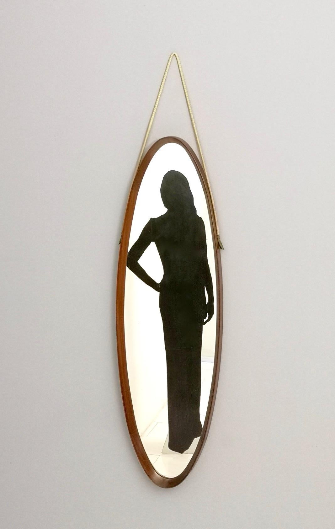 Italian Oval Wall Mirror with a Solid Mahogany Frame and a Rope Hanger, Italy, 1960s