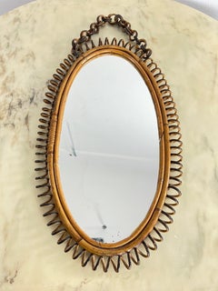 Oval Wall Mirror With Chain By Franco Albini Mid-Century Wicker And Bamboo 1960s