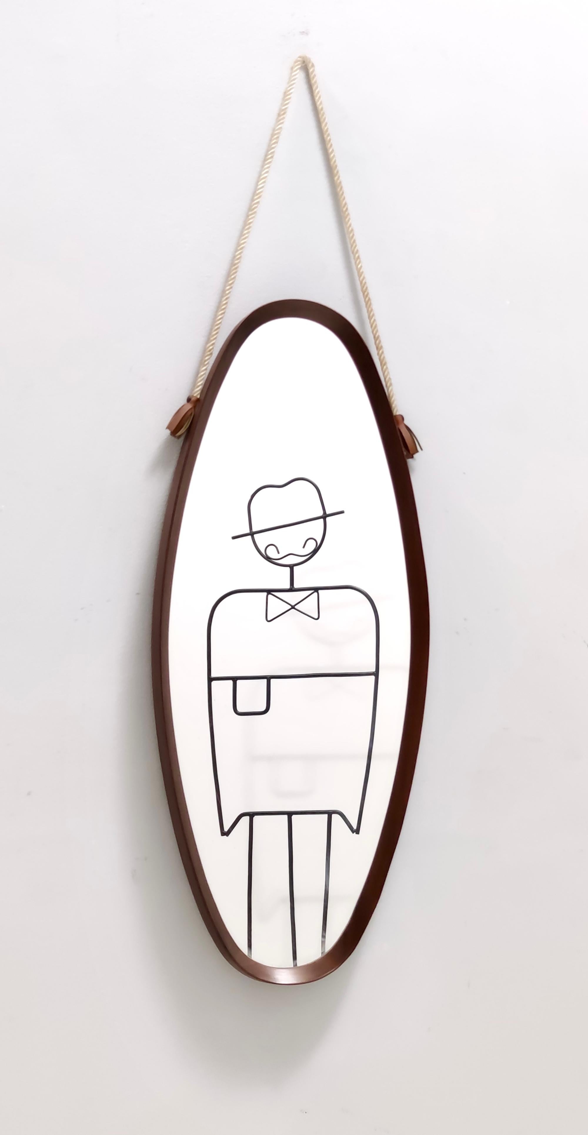 Mid-Century Modern Miroir mural ovale avec cadre en hêtre ébonisé et corde en nylon, Italie en vente