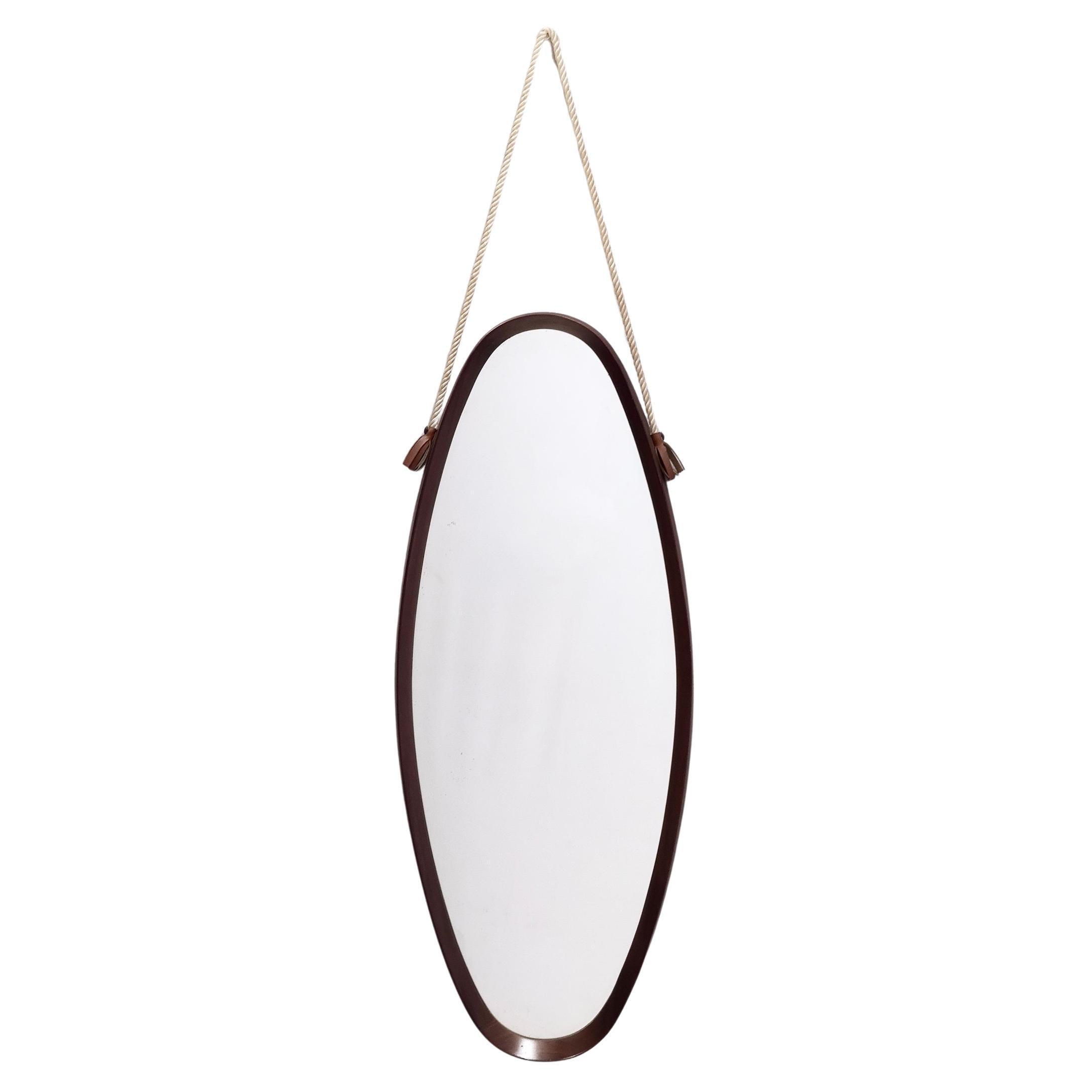 Oval Wall Mirror with Ebonized Beech Frame and a Nylon Rope, Italy