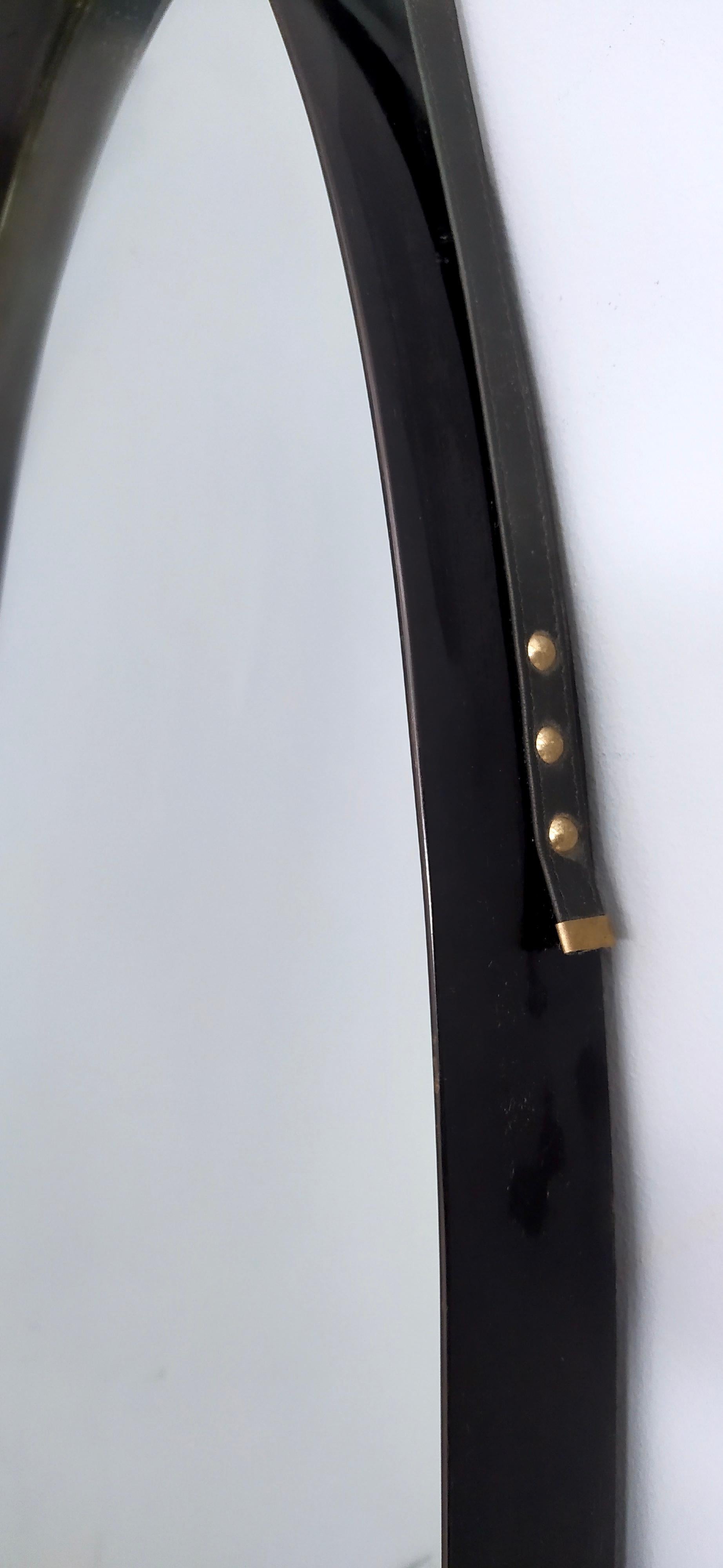 Oval Vintage Wall Mirror with Ebonized Wood Frame and a Leather Hook, Italy 3