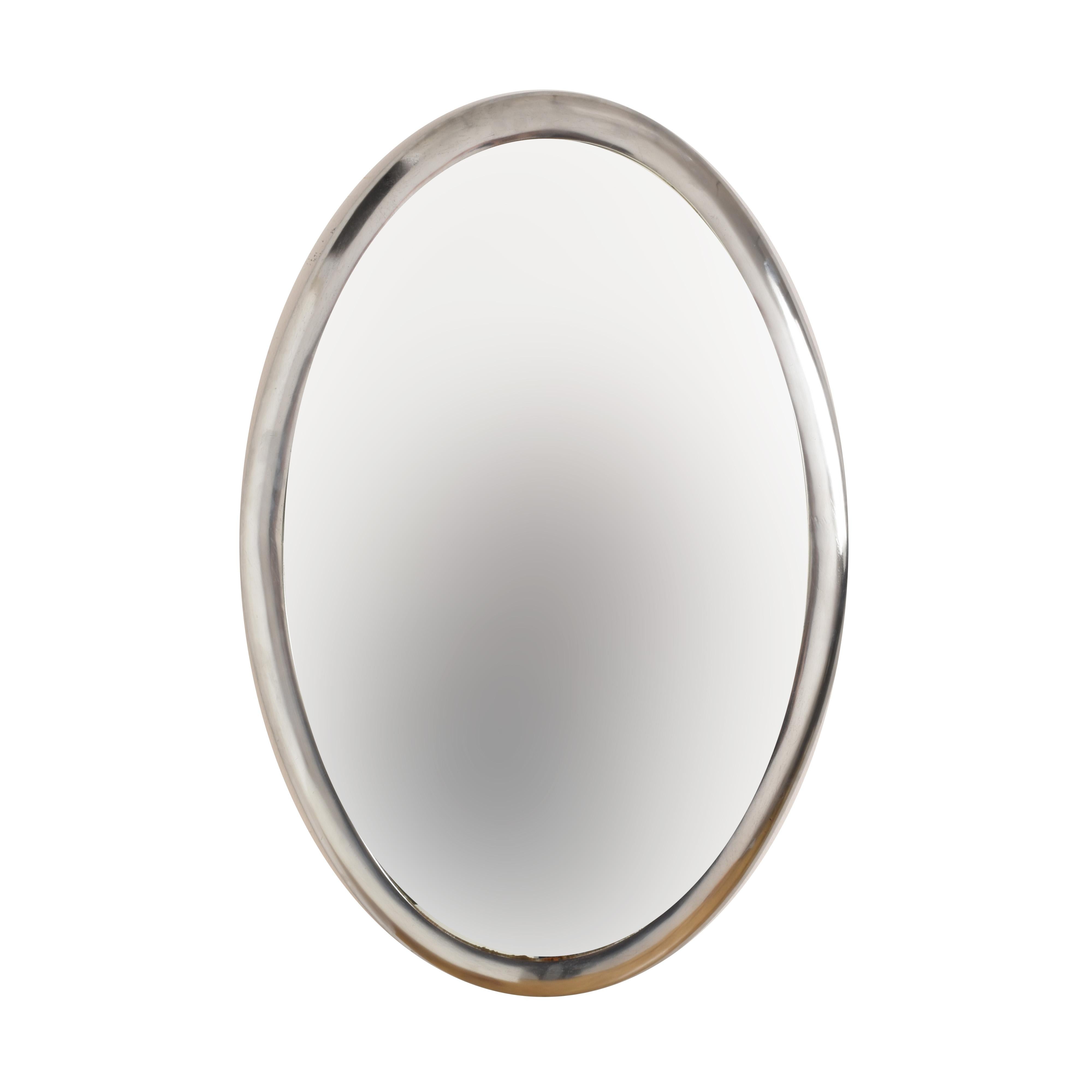 Steel Oval Wall Mirror with Metal Frame, Italy, 1970s