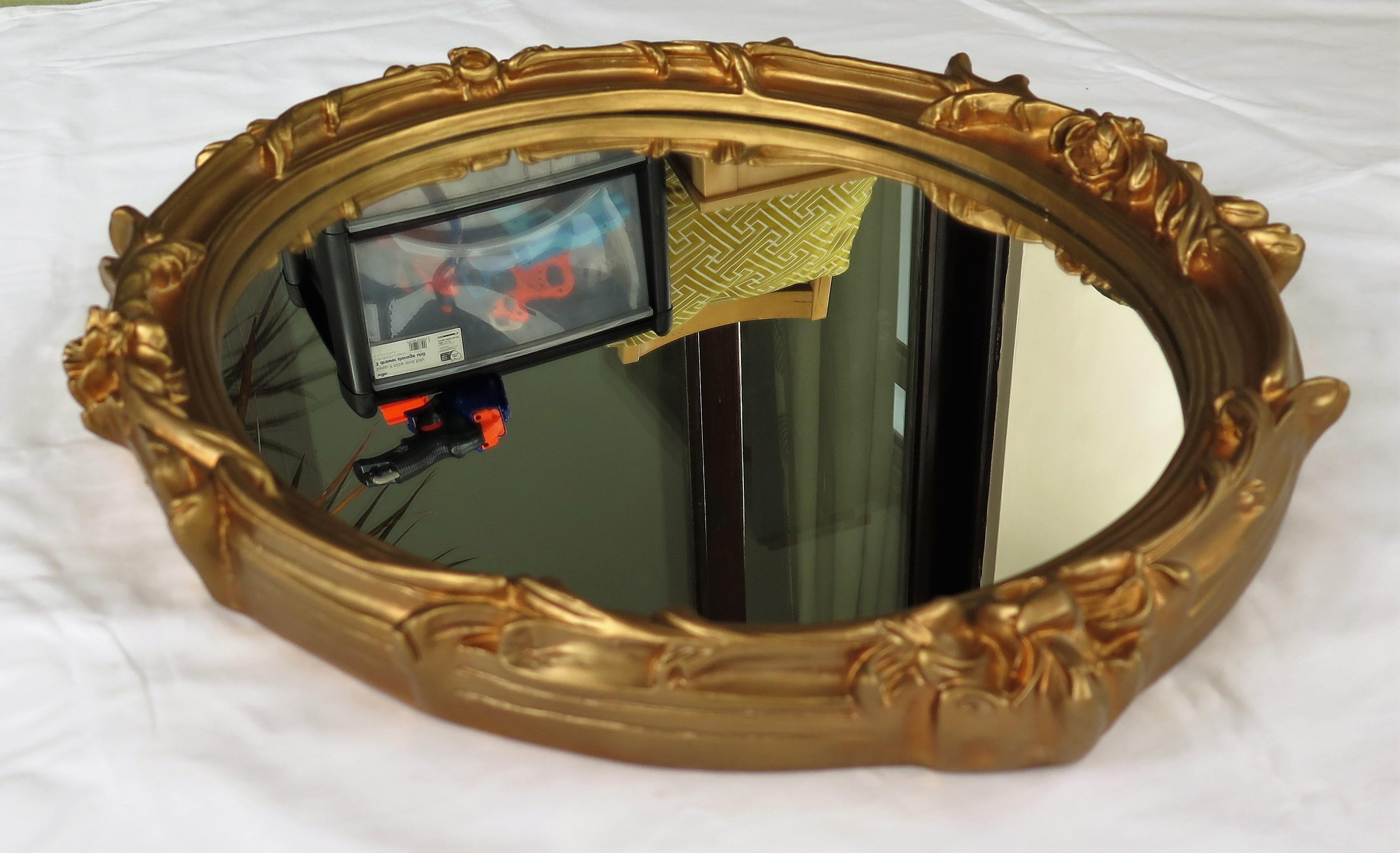 Oval Wall Mirror with Rococo Gold Finish Frame of Gesso on Wood, circa 1930 4