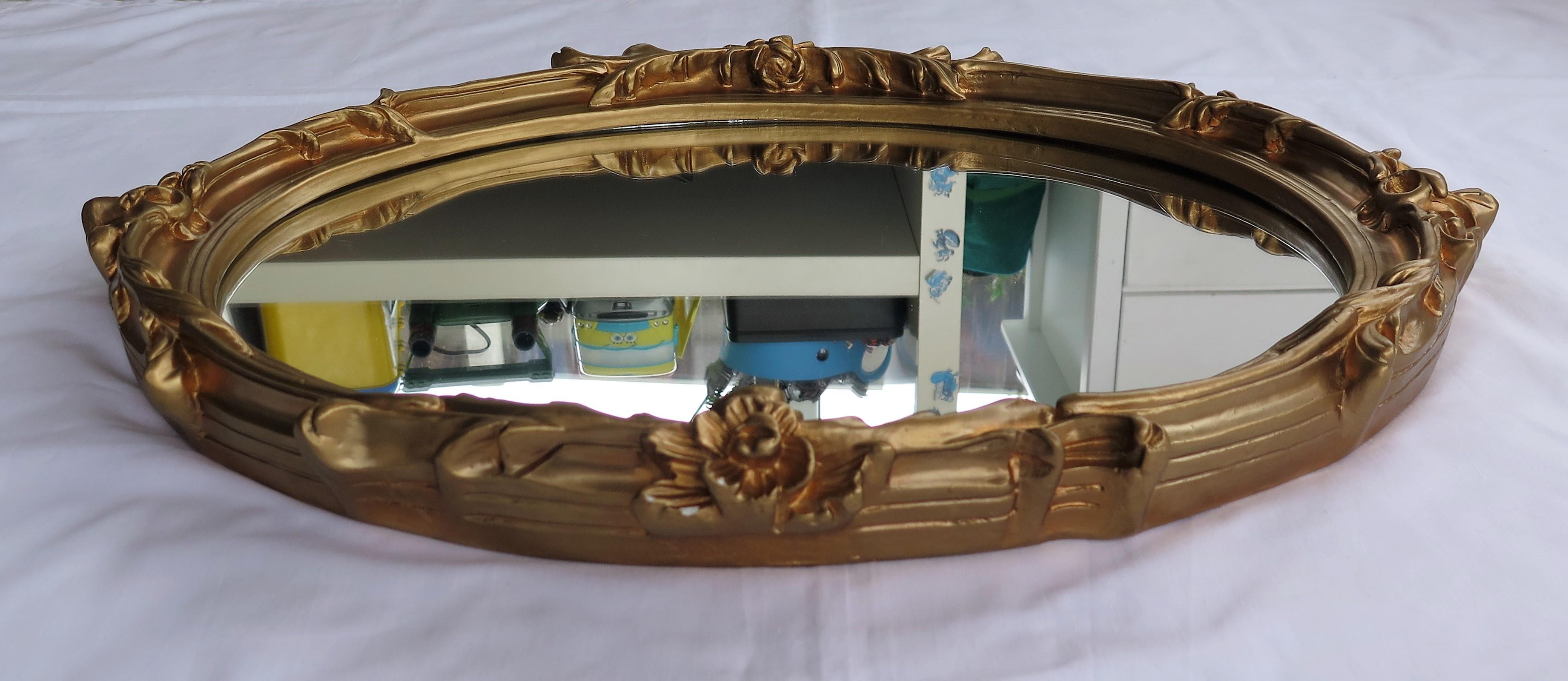 Oval Wall Mirror with Rococo Gold Finish Frame of Gesso on Wood, circa 1930 5