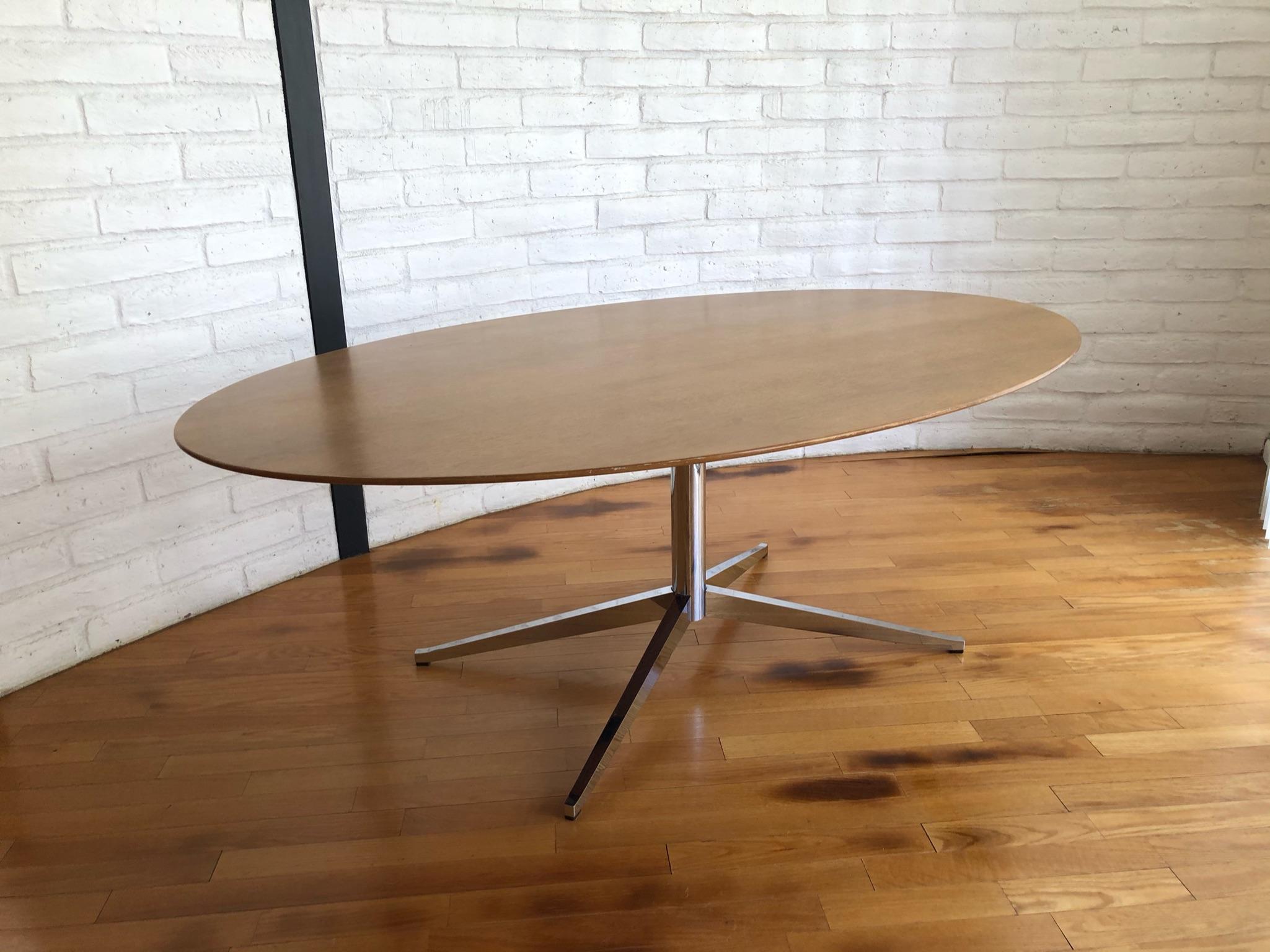 Mid-Century Modern Oval Walnut and Chrome Dining Table by Florence Knoll