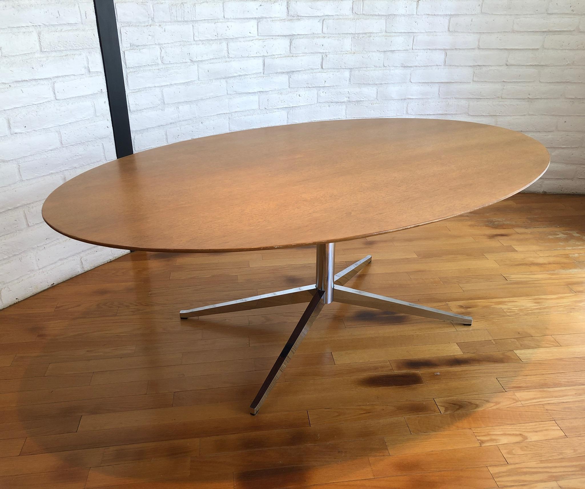 Polished Oval Walnut and Chrome Dining Table by Florence Knoll