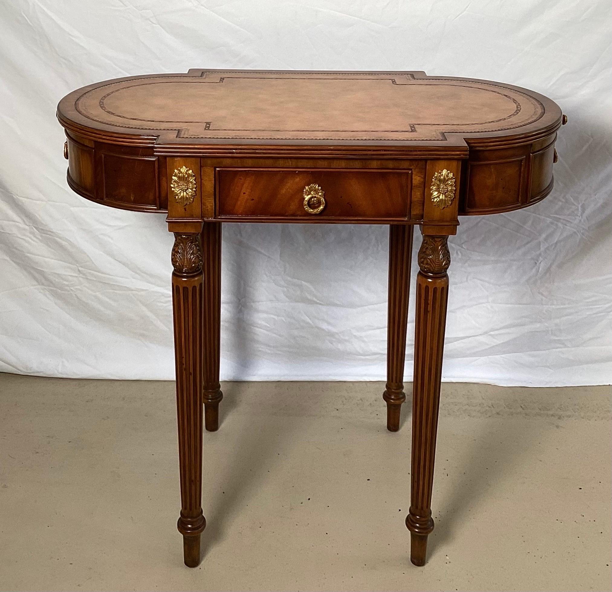 Louis XVI Oval Walnut and Mahogany Accent Work Table with Leather Top by Maitland Smith