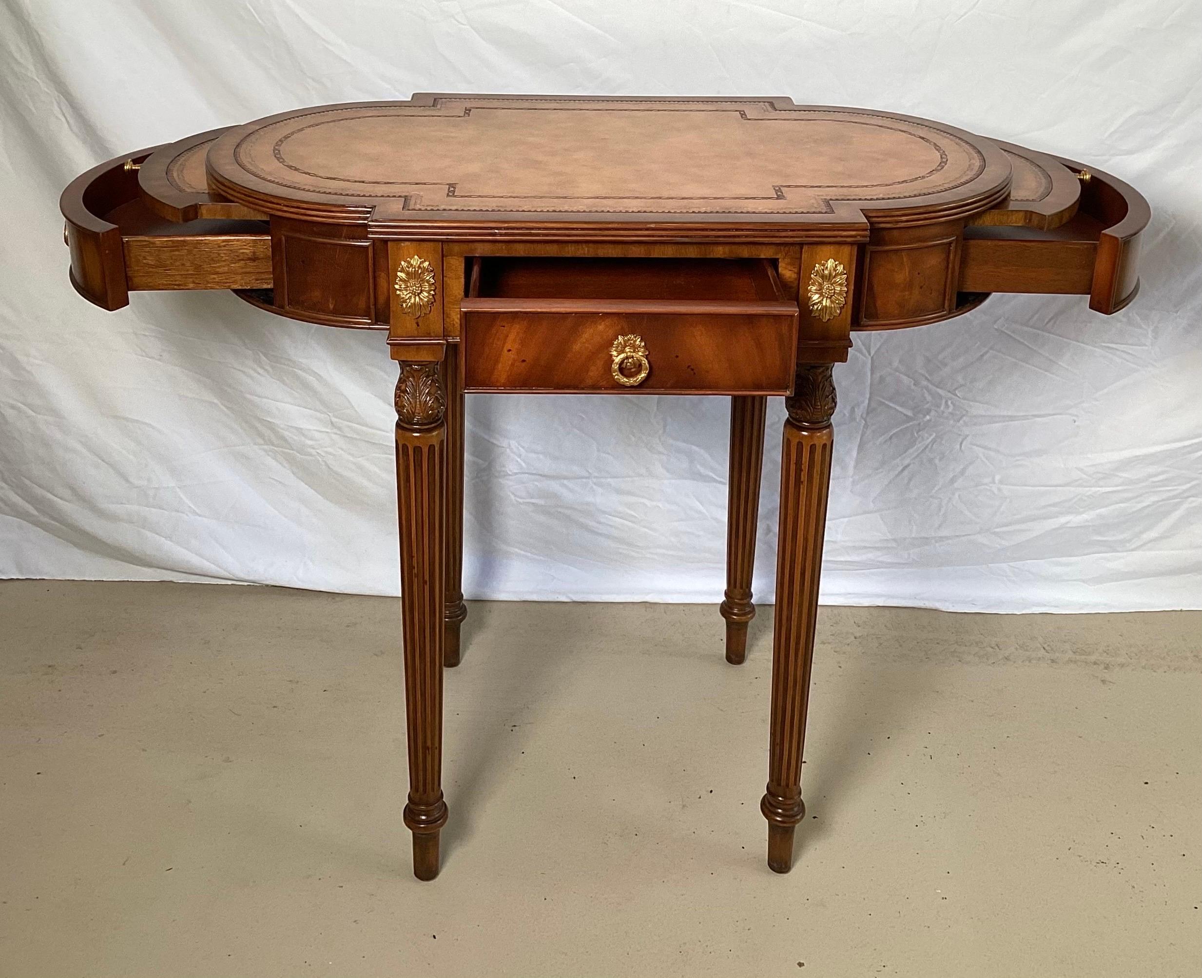 Oval Walnut and Mahogany Accent Work Table with Leather Top by Maitland Smith In Excellent Condition In Lambertville, NJ