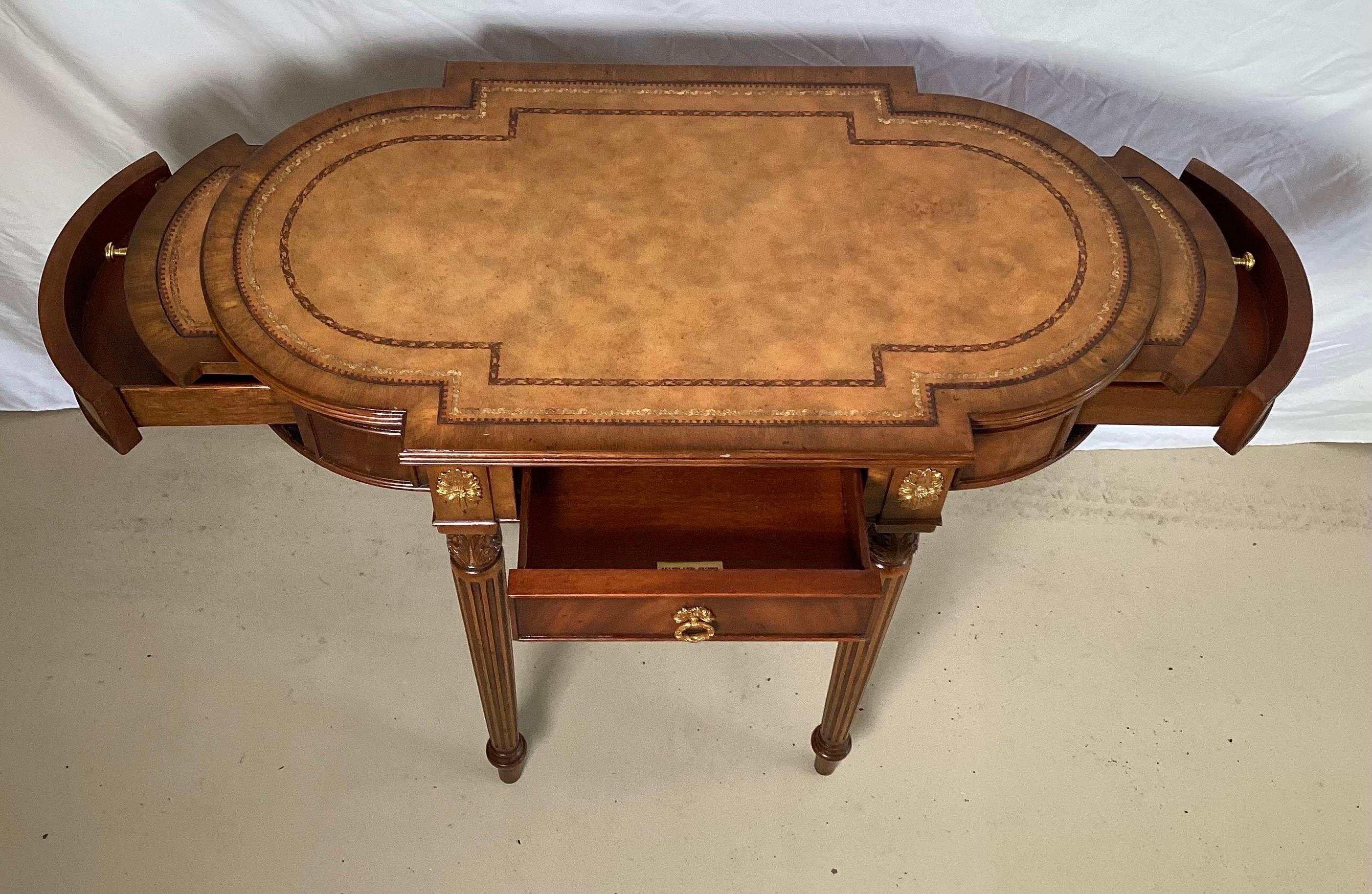 20th Century Oval Walnut and Mahogany Accent Work Table with Leather Top by Maitland Smith