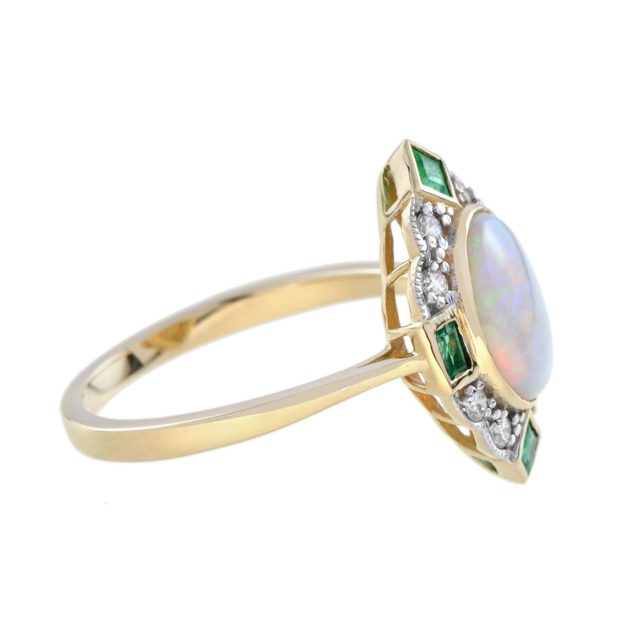 Cabochon Anello ovale in oro 14K con diamante smeraldo e opale australiano bianco in stile Art Déco in vendita