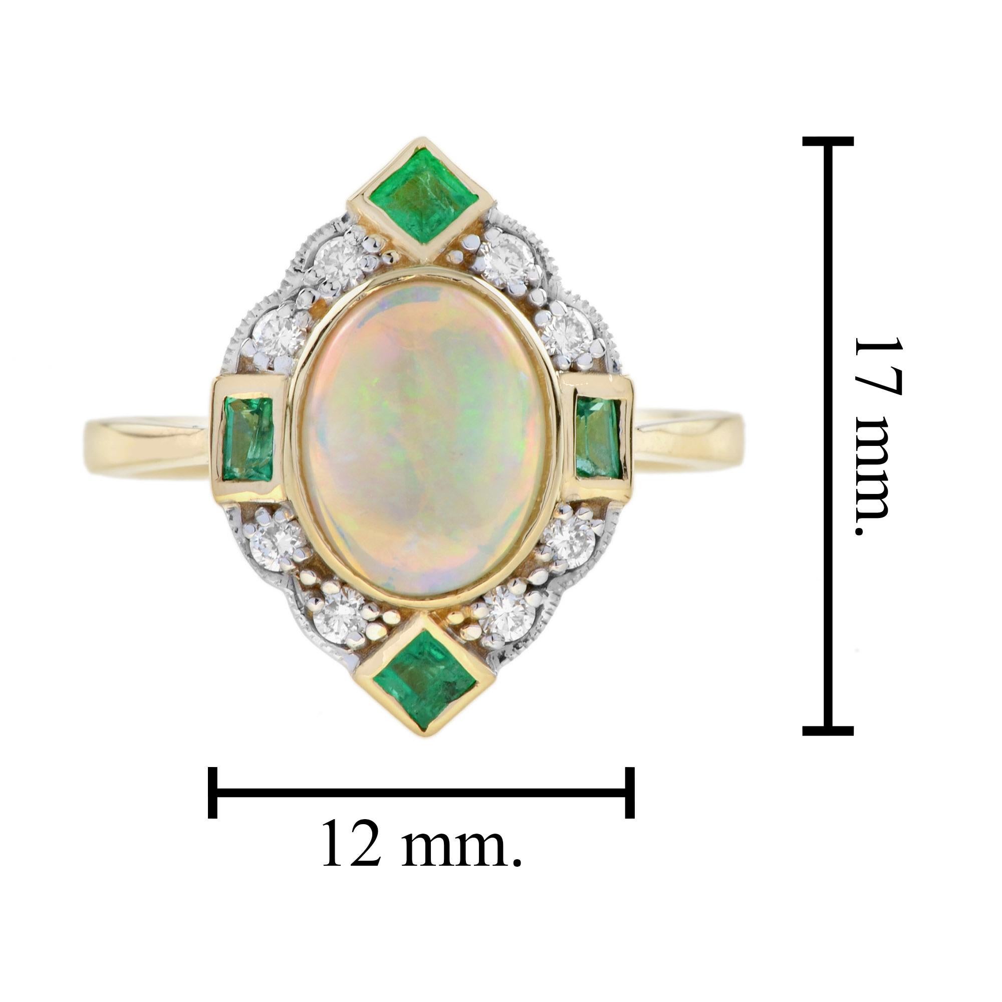 Anello ovale in oro 14K con diamante smeraldo e opale australiano bianco in stile Art Déco in vendita 2