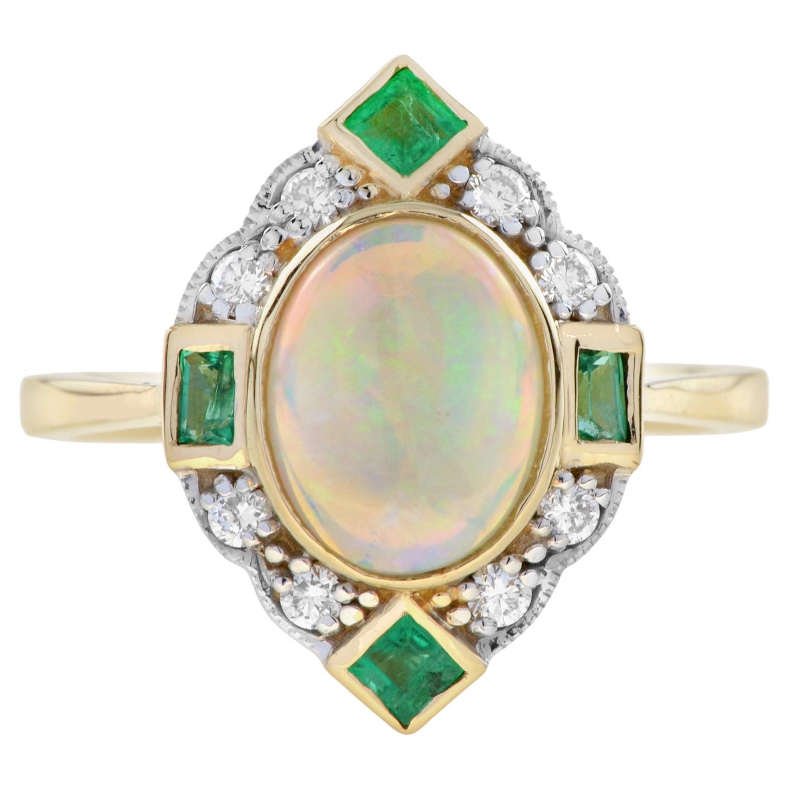Anello ovale in oro 14K con diamante smeraldo e opale australiano bianco in stile Art Déco in vendita