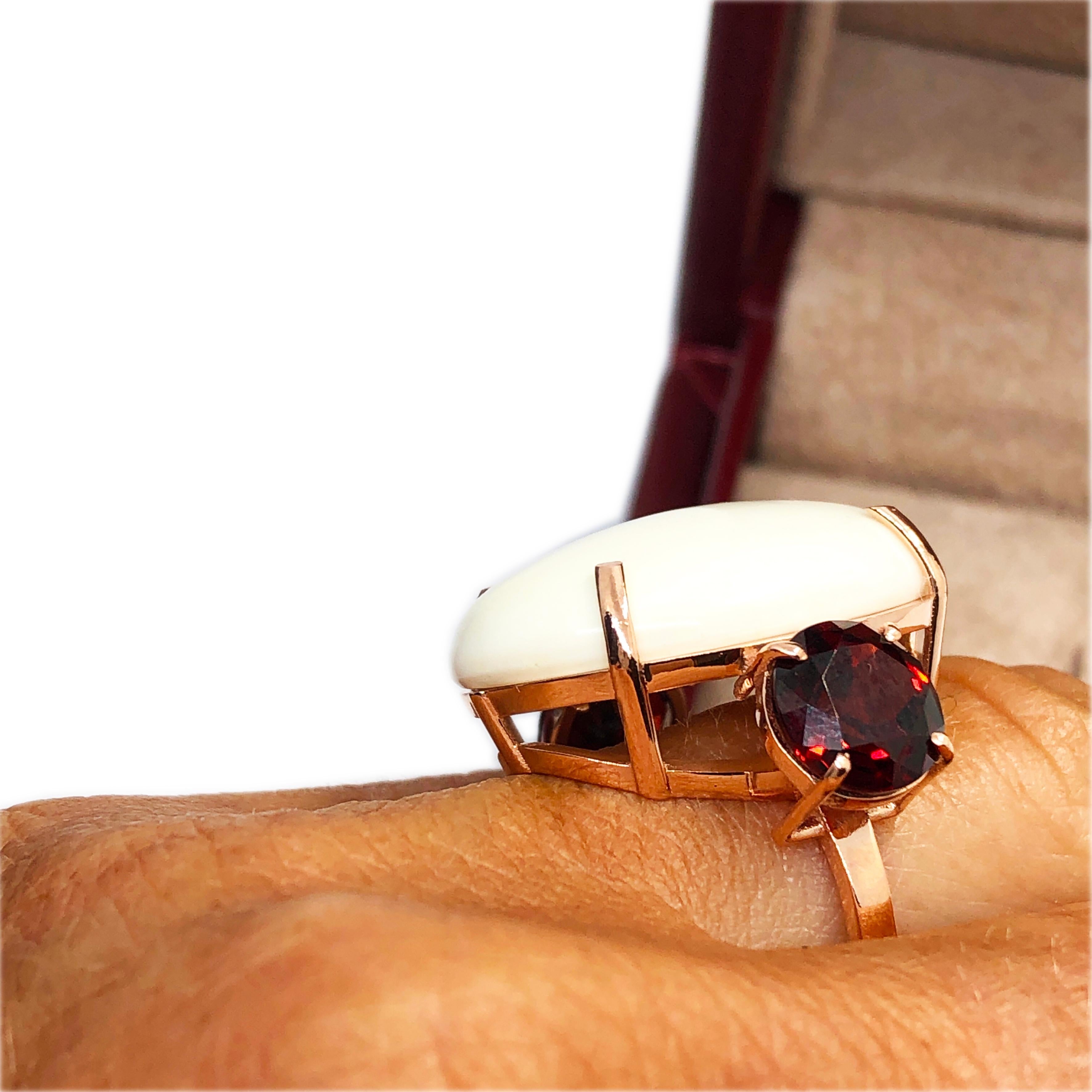 Berca Oval White Opal Cabochon Round Red Garnet Rose Gold Setting Cocktail Ring 4