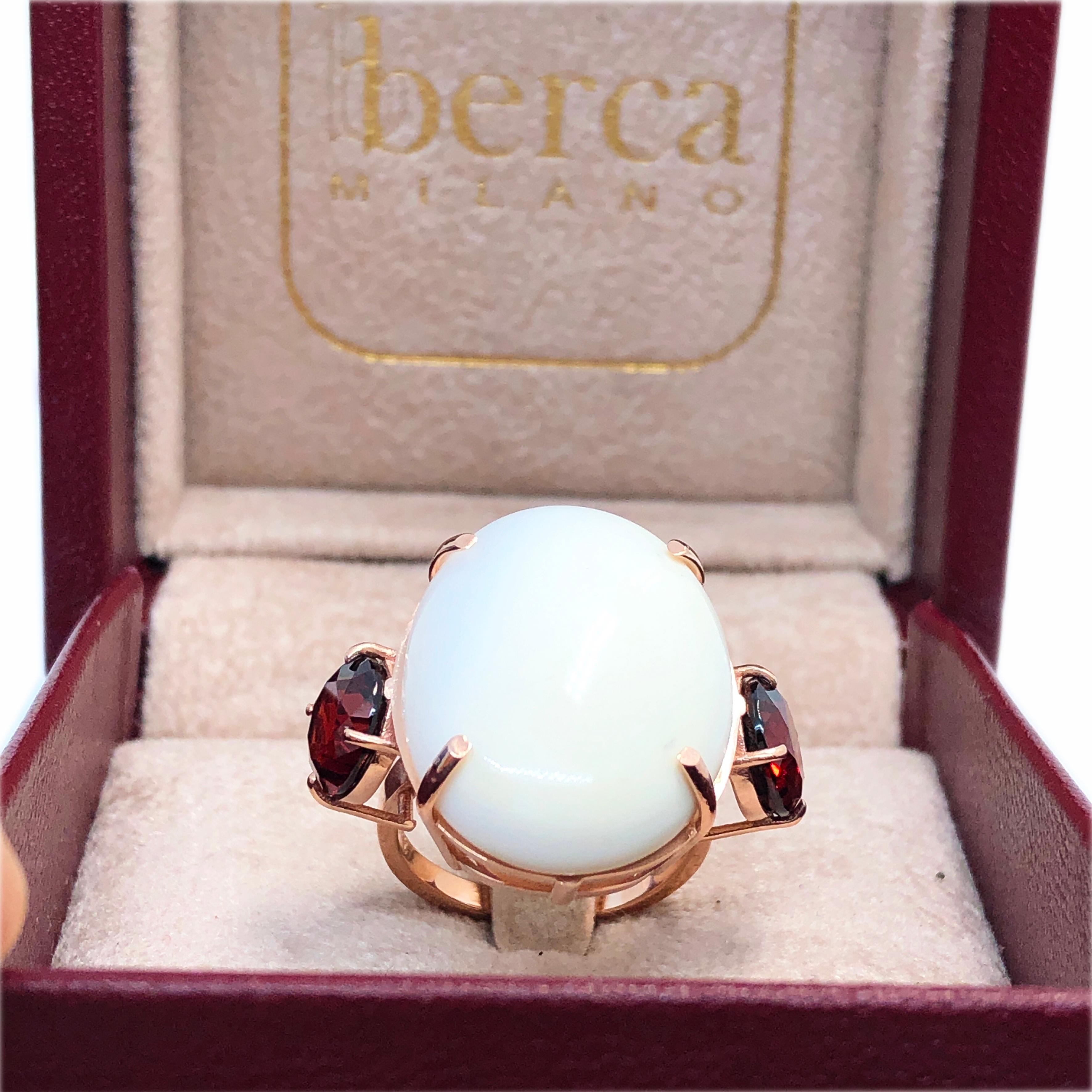 Berca Oval White Opal Cabochon Round Red Garnet Rose Gold Setting Cocktail Ring 5