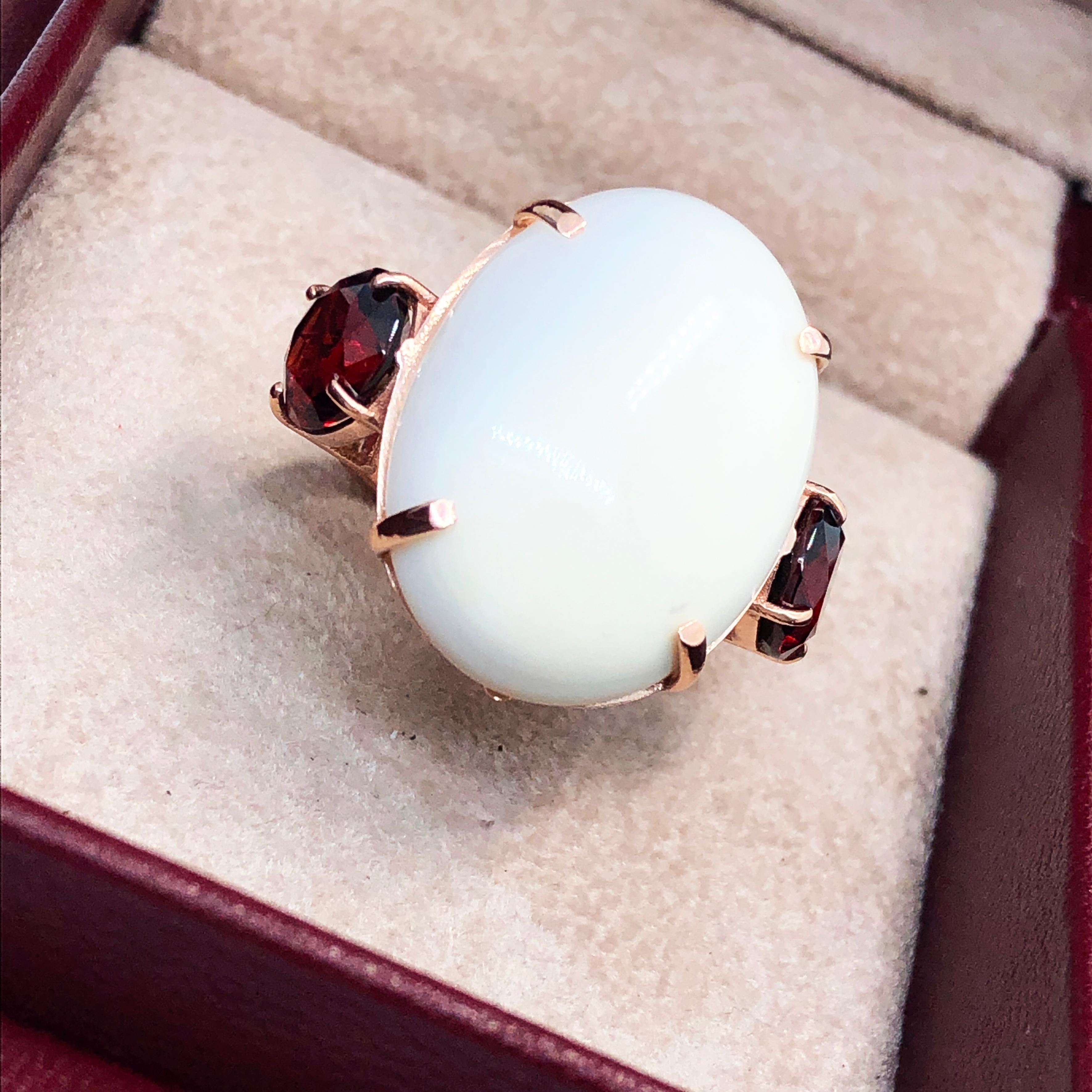 Berca Oval White Opal Cabochon Round Red Garnet Rose Gold Setting Cocktail Ring 6