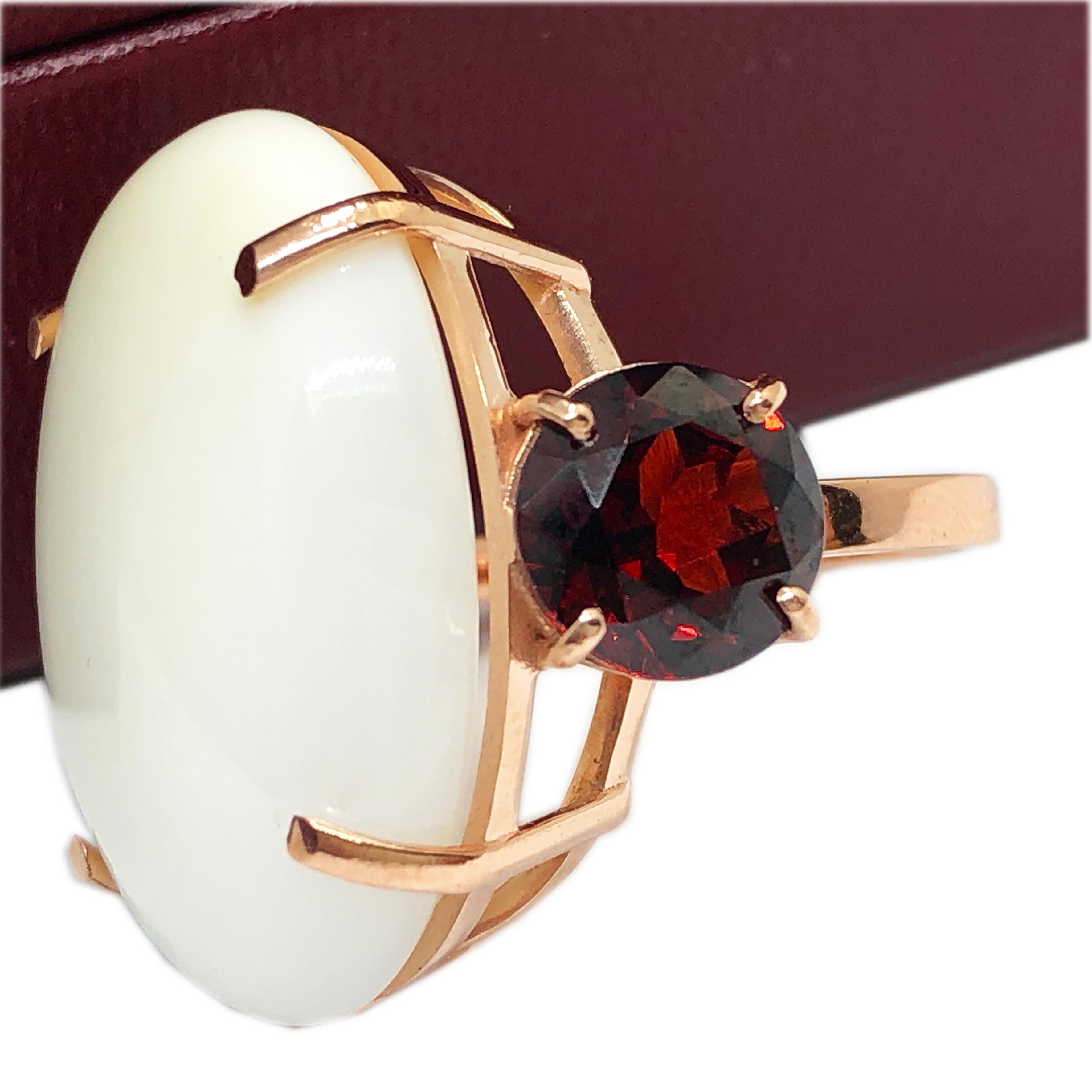 Women's or Men's Berca Oval White Opal Cabochon Round Red Garnet Rose Gold Setting Cocktail Ring