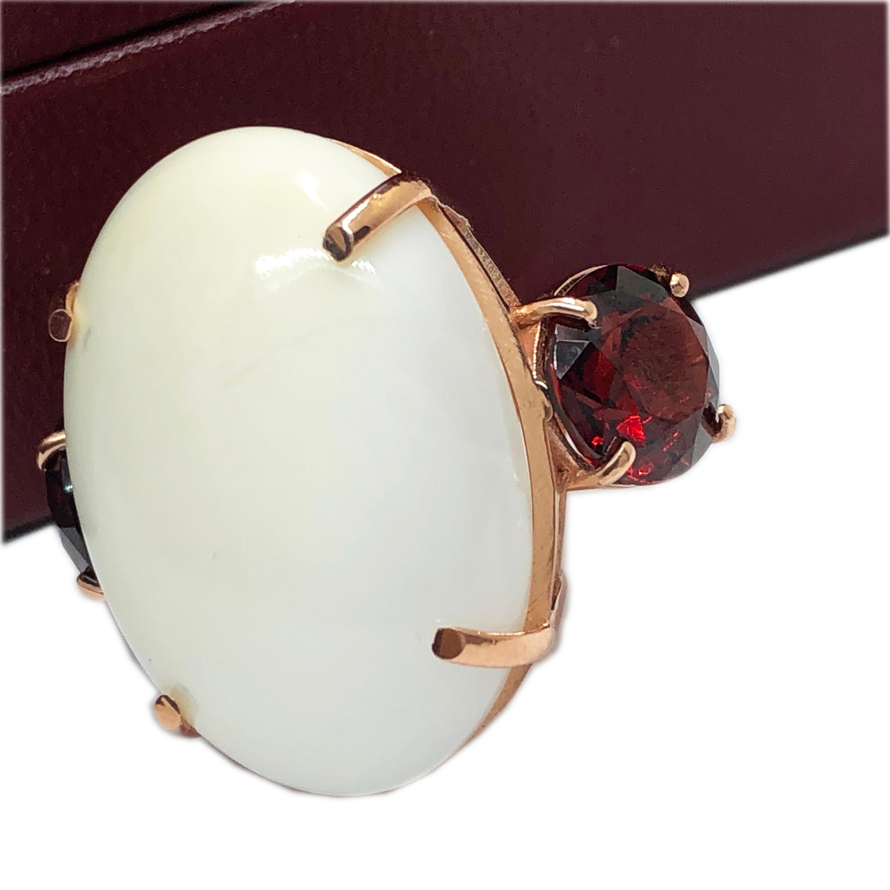 Berca Oval White Opal Cabochon Round Red Garnet Rose Gold Setting Cocktail Ring 2