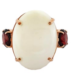 Berca Oval White Opal Cabochon Round Red Garnet Rose Gold Setting Cocktail Ring