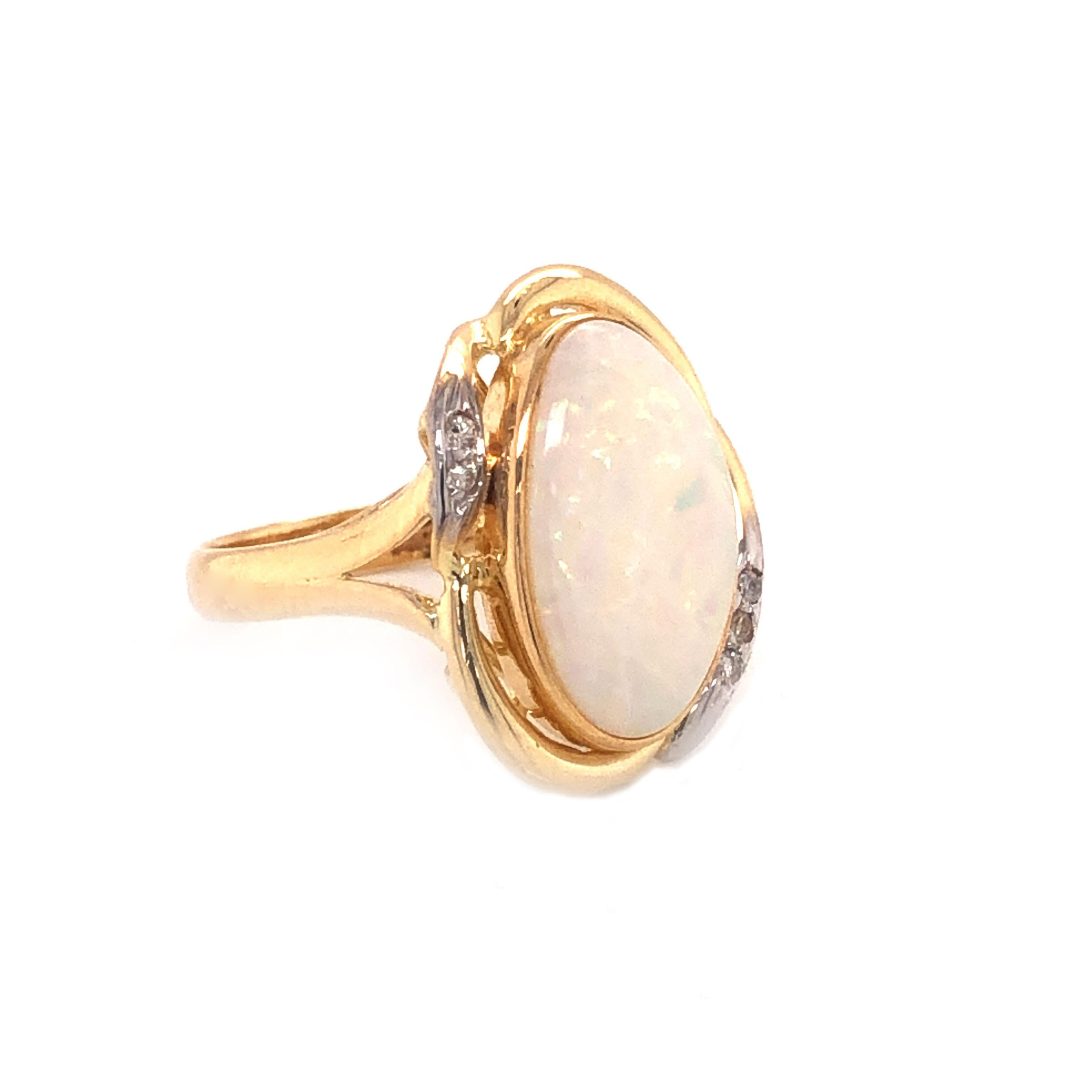 Modern Oval White Opal & Diamond Split Shank Ring, 14k Yellow Gold For Sale