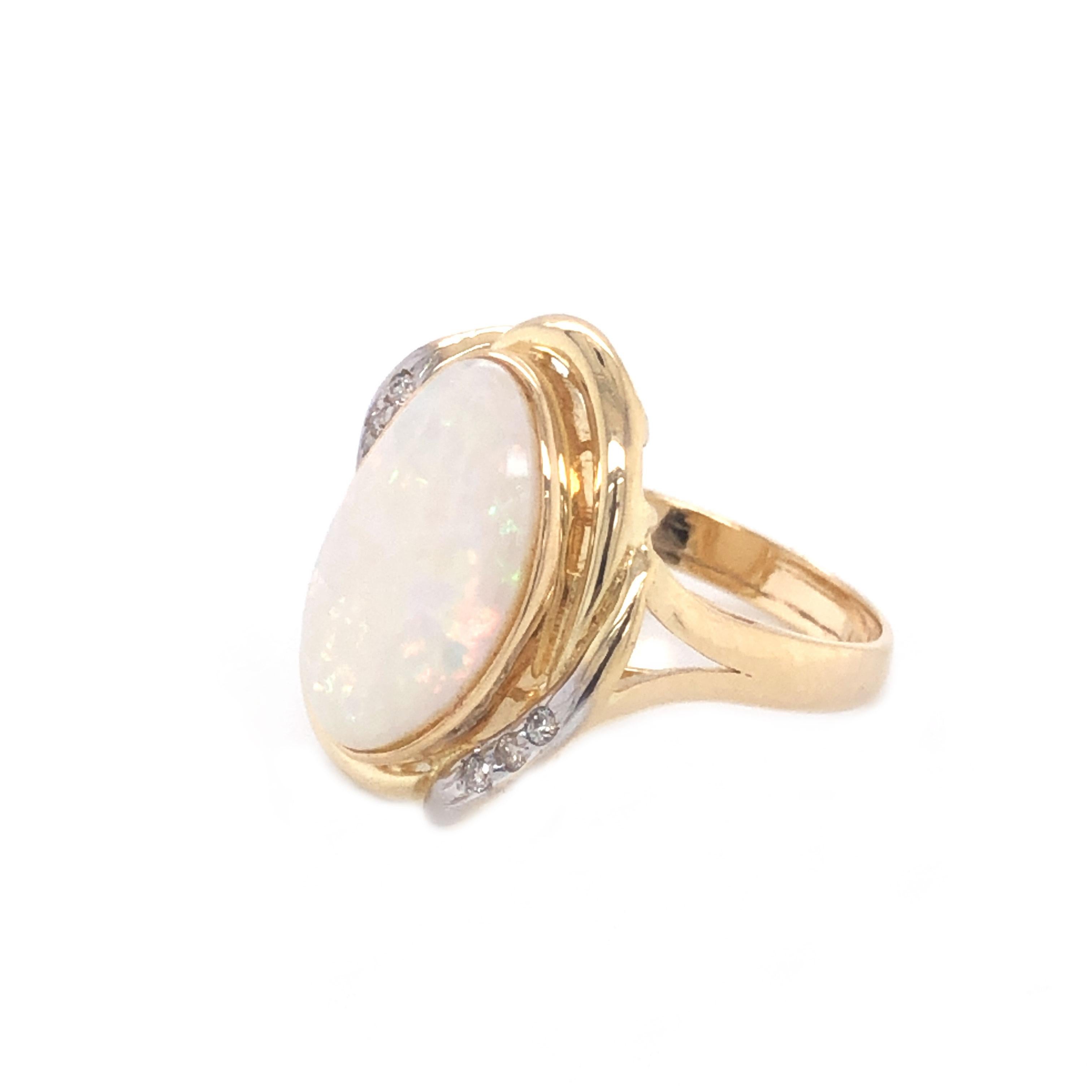 Cabochon Oval White Opal & Diamond Split Shank Ring, 14k Yellow Gold For Sale