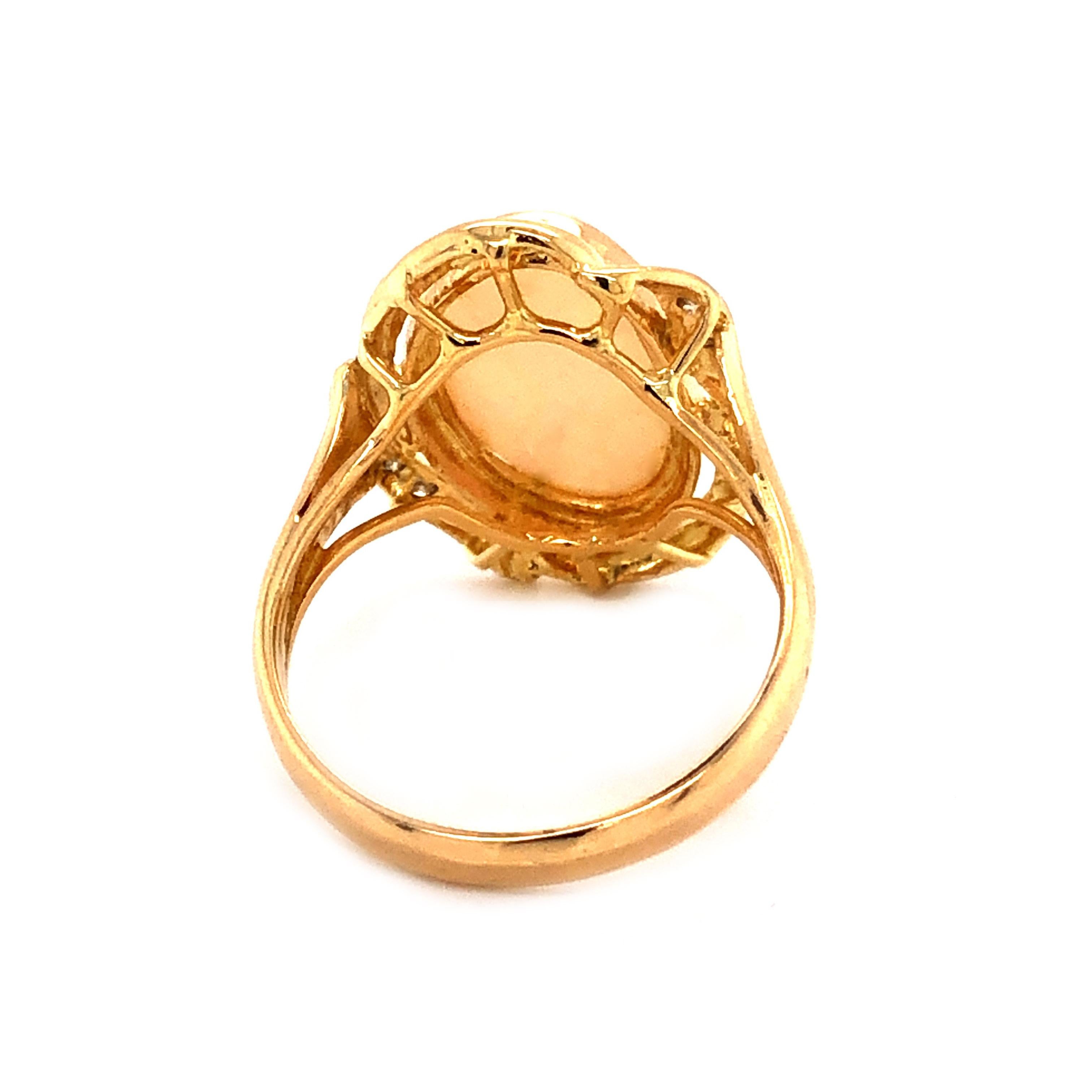 Oval White Opal & Diamond Split Shank Ring, 14k Yellow Gold For Sale 1