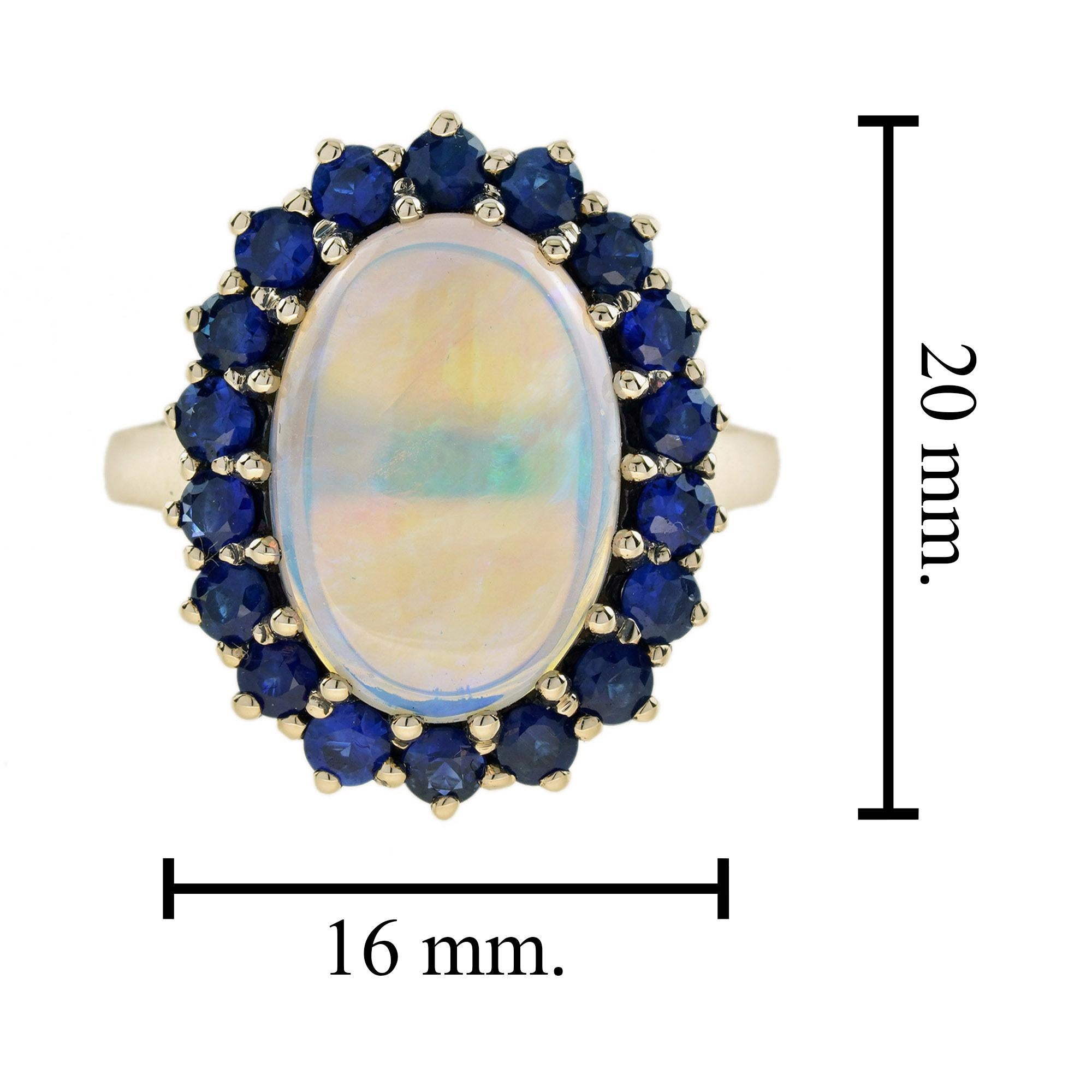 Bague en or jaune 9KT avec halo en saphir bleu et opale blanche ovale de style vintage en vente 4