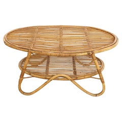 Vintage Oval Wicker Coffee Table with Lower Shelf ascr. to Tito Agnoli, Italy