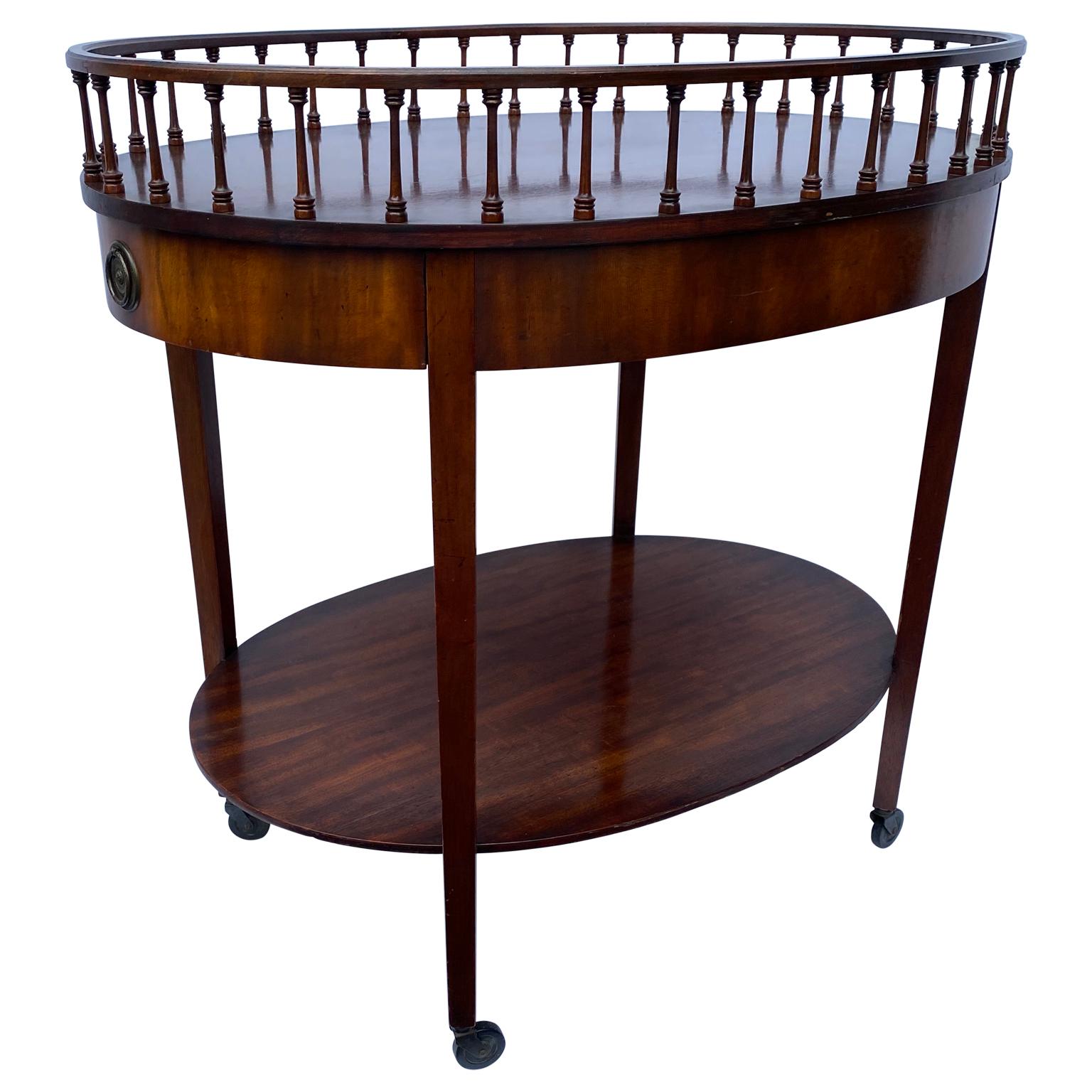 Hand-Crafted Oval Wooden Two-Tier Tea Bar Cart Trolley With Brass Hardware And Drawer