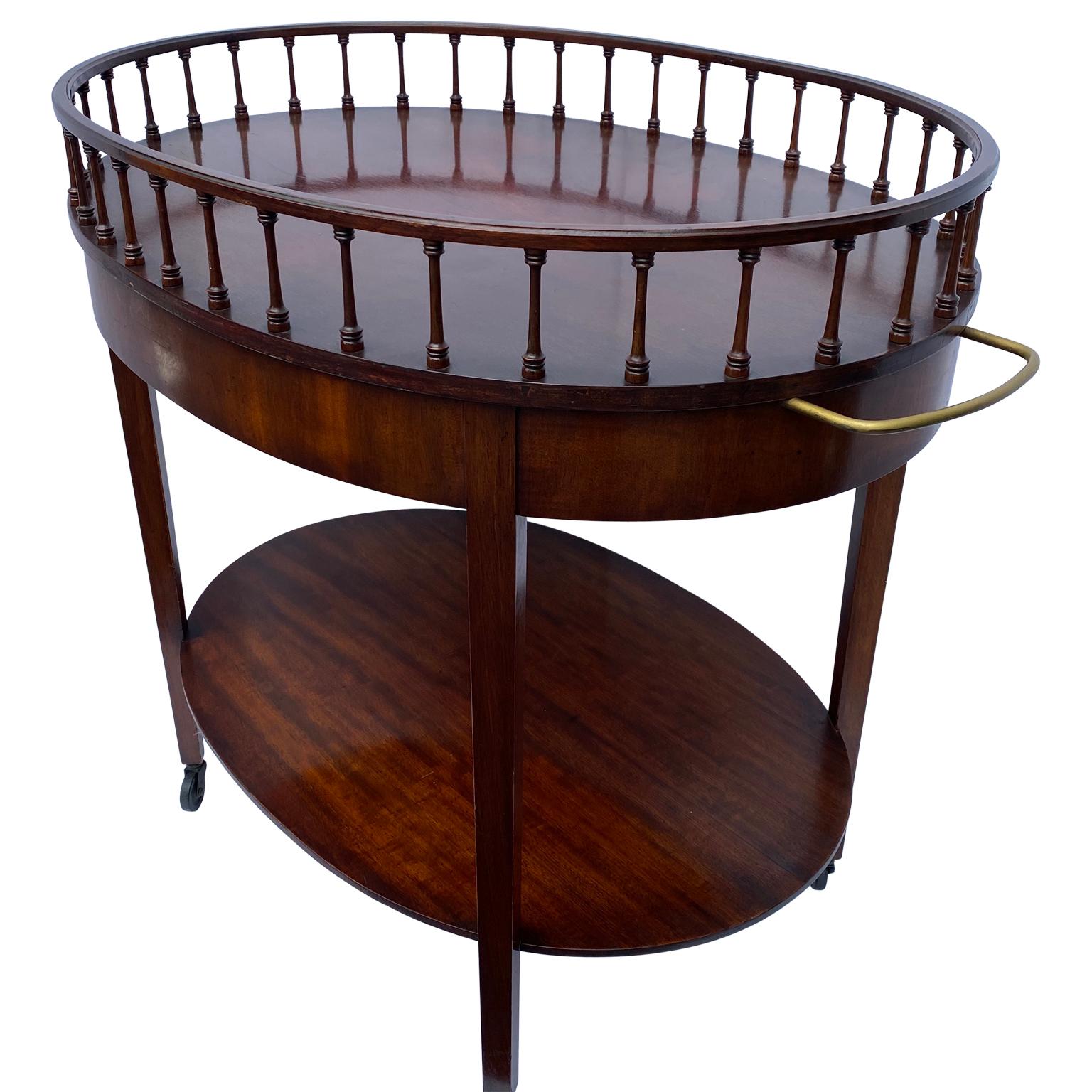 Oval Wooden Two-Tier Tea Bar Cart Trolley With Brass Hardware And Drawer In Good Condition In Haddonfield, NJ