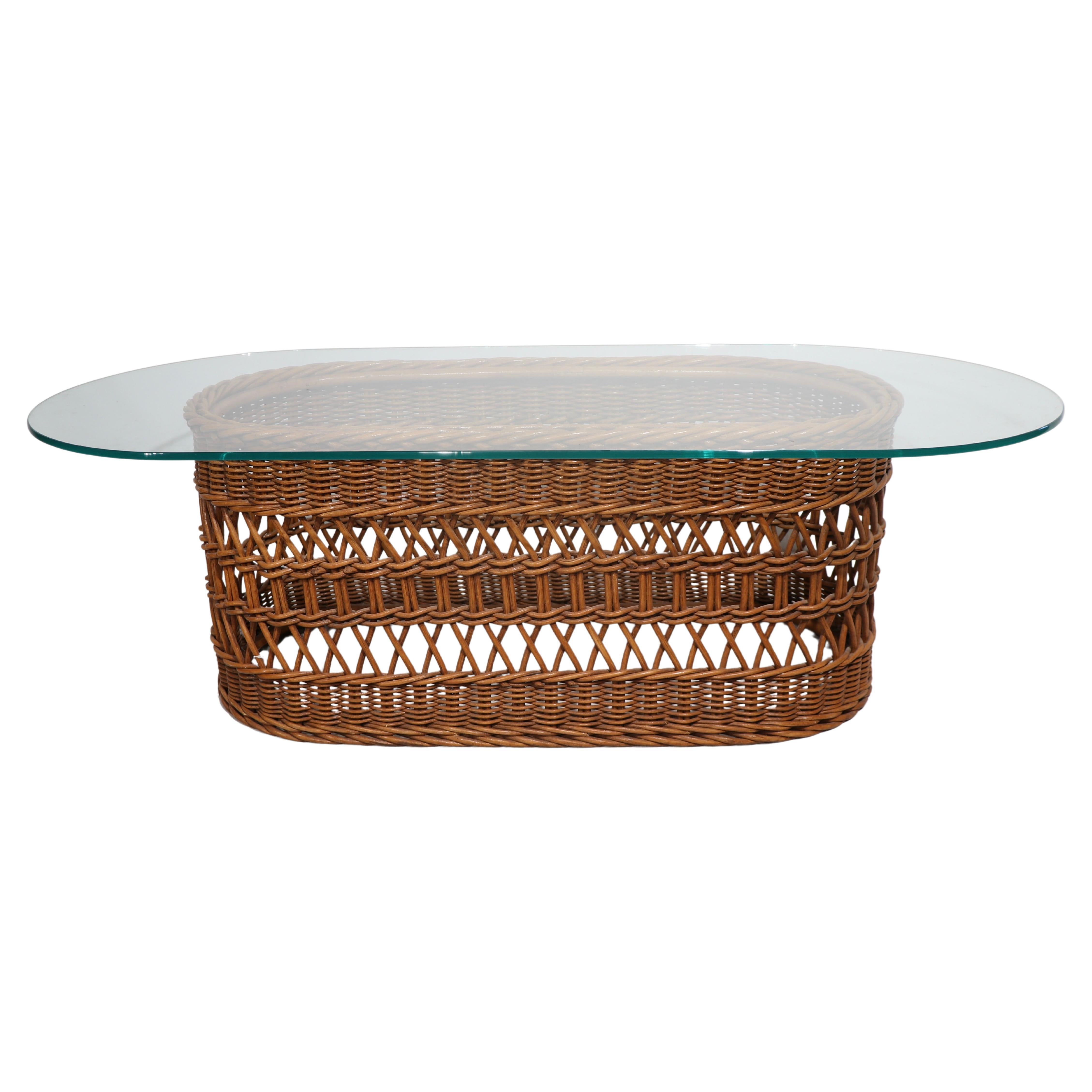  Oval Woven Wicker and Glass Coffee Table circa 1970's For Sale