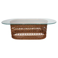  Oval Woven Wicker and Glass Coffee Table circa 1970's