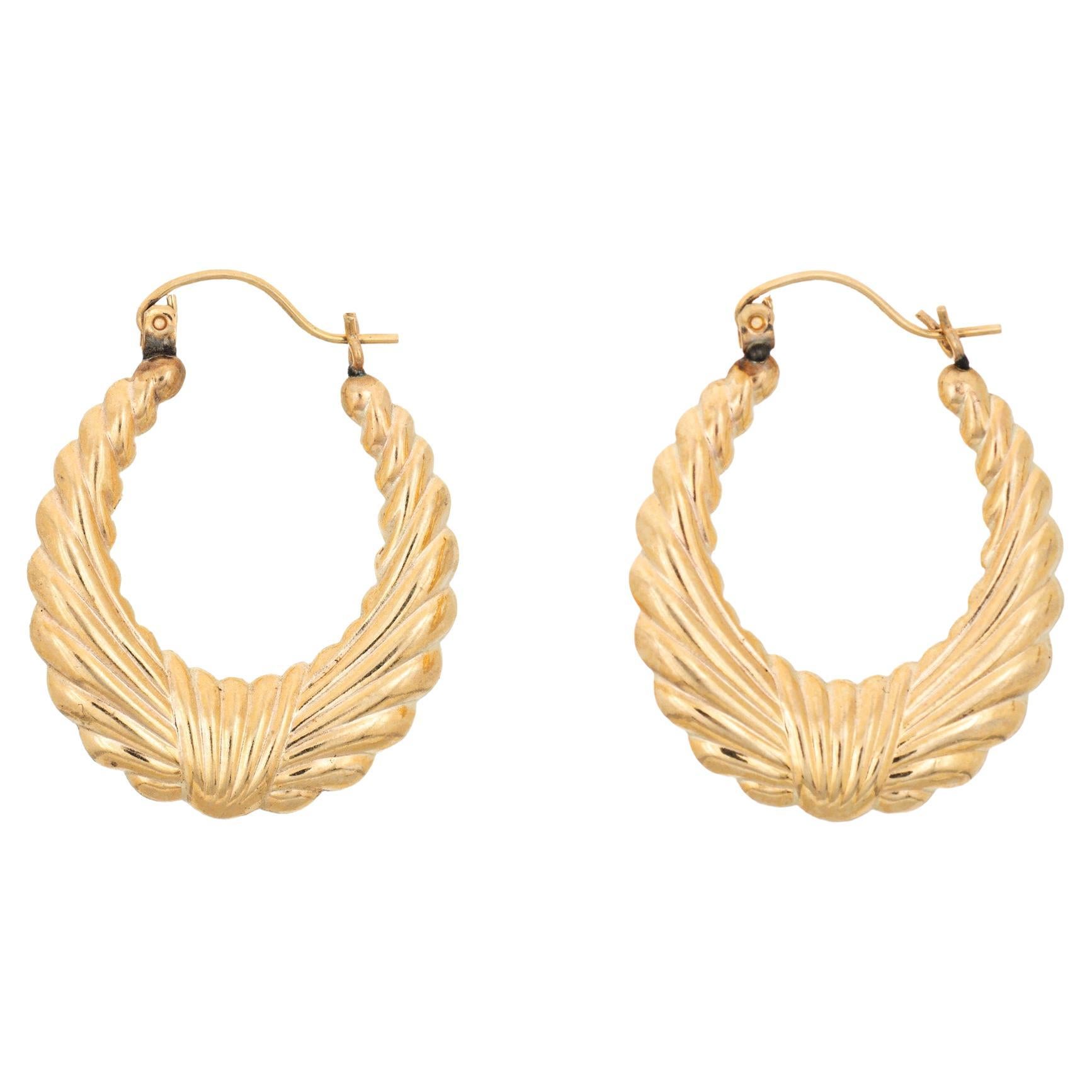 Oval Wreath Hoop Earrings Vintage 14k Yellow Gold 1" Drops Estate Jewelry