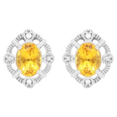 Oval Yellow Beryl White Diamond Vintage Inspired Stud Earrings 14K White Gold