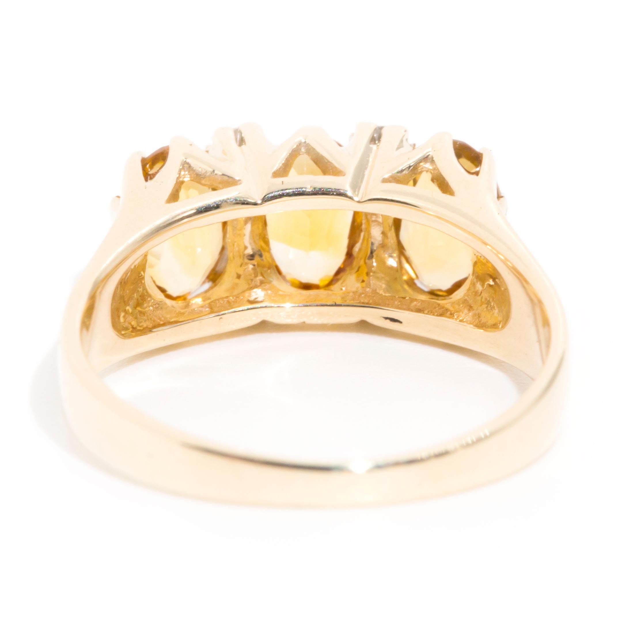 Oval Yellow Citrine and Diamond Vintage Three Stone Ring in 9 Carat Yellow Gold 4