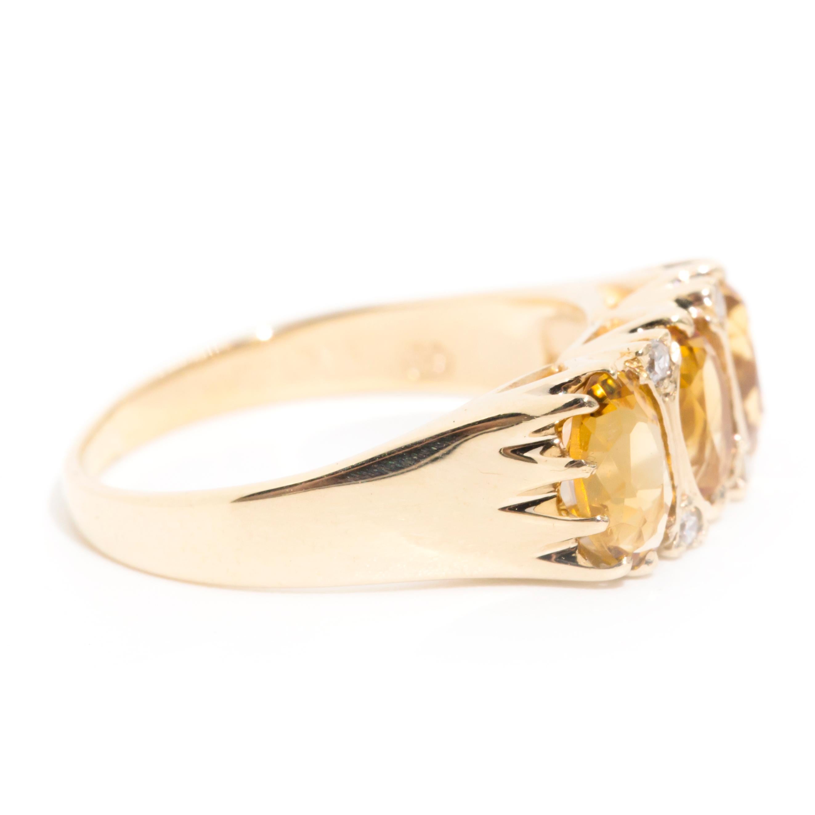 Women's Oval Yellow Citrine and Diamond Vintage Three Stone Ring in 9 Carat Yellow Gold