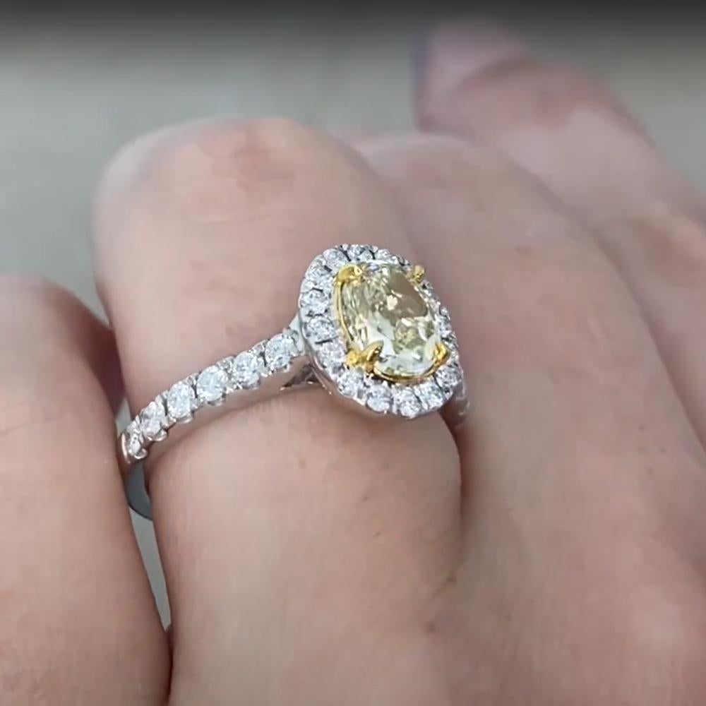 Art Deco Oval Yellow Diamond (Approx. 1.10-Carats) Prong-Set Halo Ring, 18k White Gold For Sale