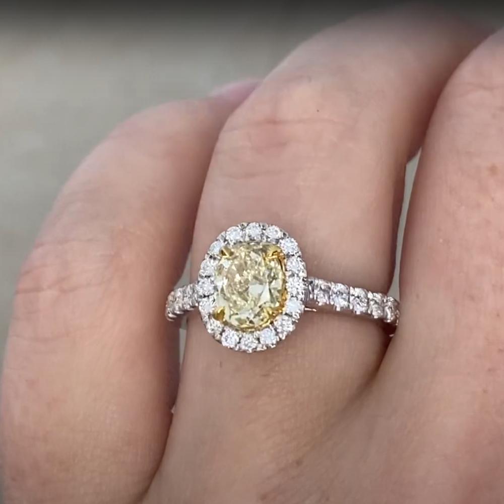 Oval Cut Oval Yellow Diamond (Approx. 1.10-Carats) Prong-Set Halo Ring, 18k White Gold For Sale