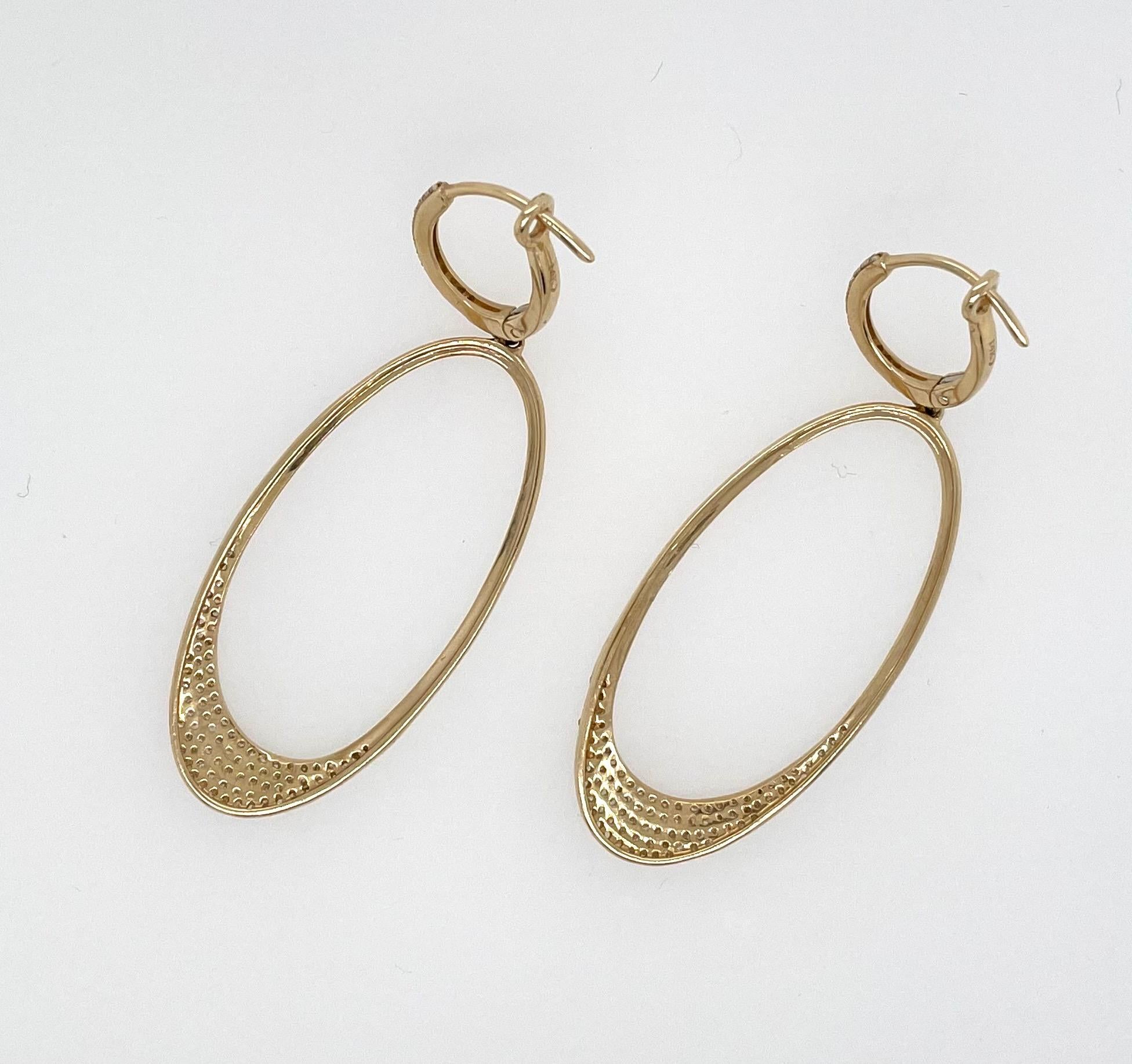 Modern Oval Yellow Gold and Diamond Dangle Earrings For Sale