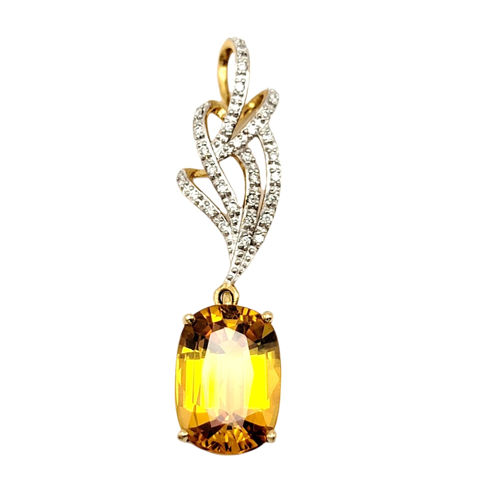 Women's Oval Yellow Sapphire Dangle Pendant with Diamond Swirl Bail 18 Karat Yellow Gold For Sale