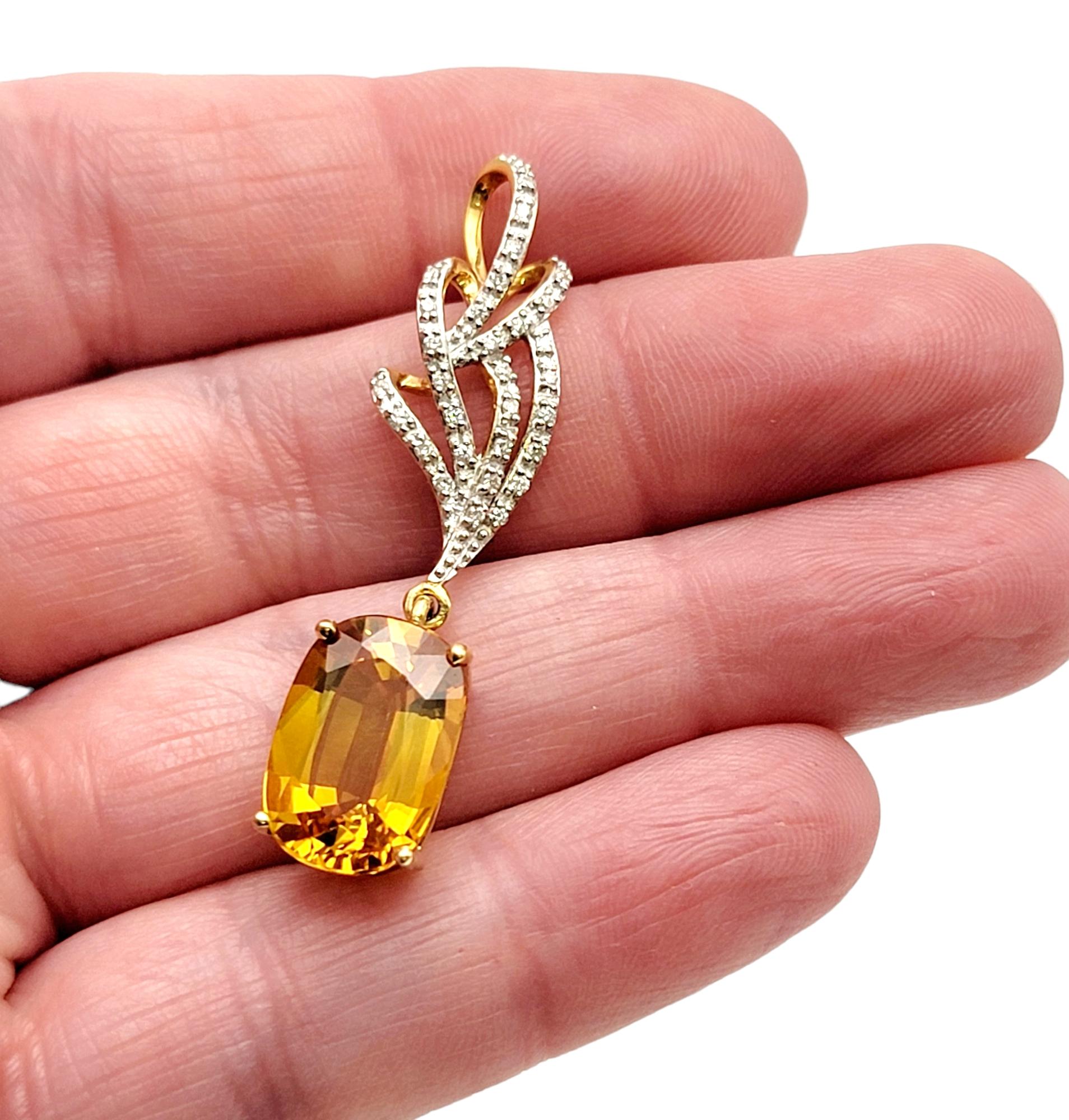 Oval Yellow Sapphire Dangle Pendant with Diamond Swirl Bail 18 Karat Yellow Gold For Sale 3