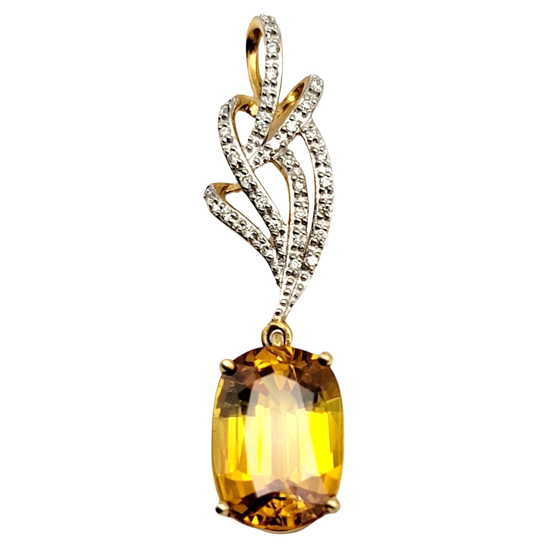 Oval Yellow Sapphire Dangle Pendant with Diamond Swirl Bail 18 Karat Yellow Gold For Sale