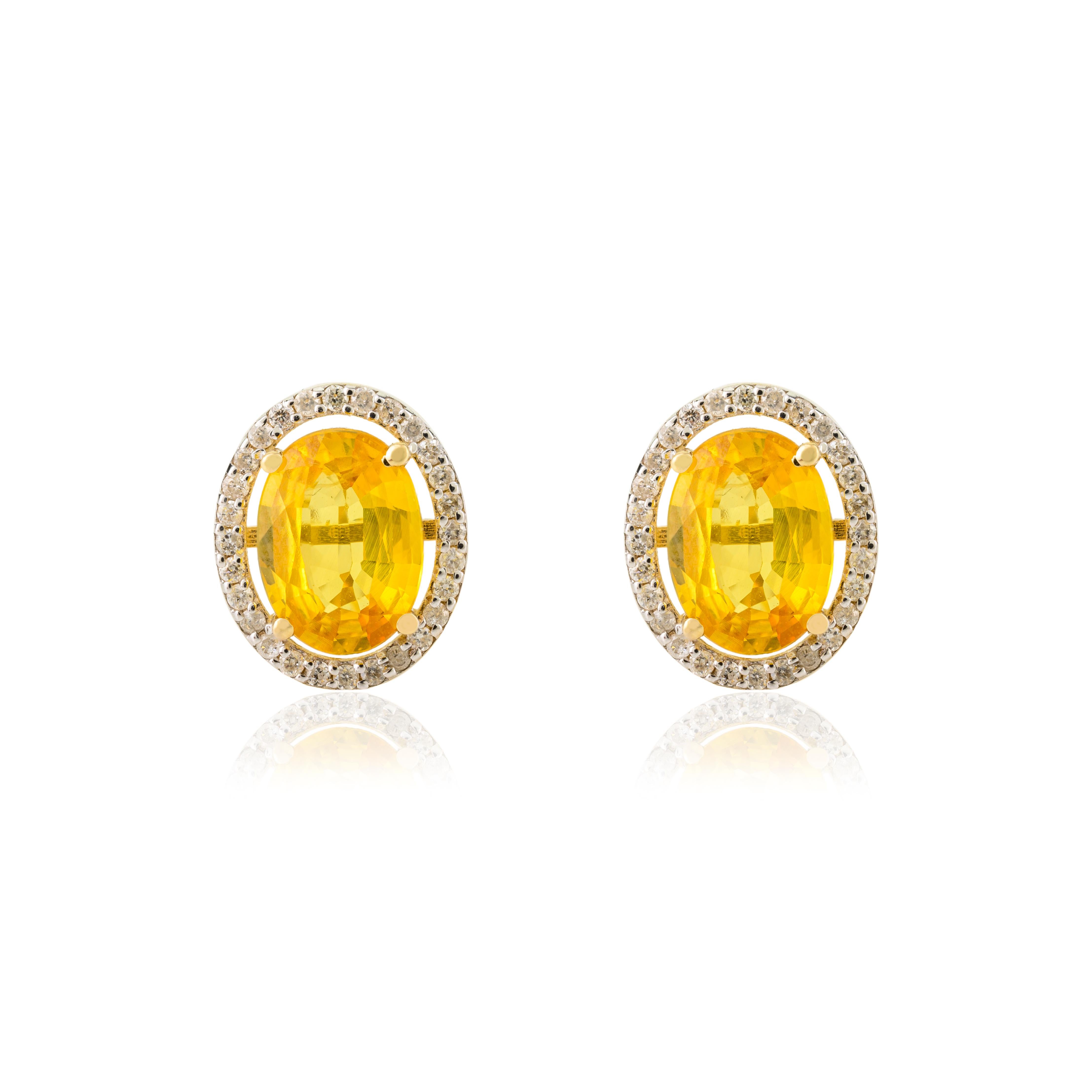 Oval Yellow Sapphire Diamond Halo Everyday Studs in 14k Yellow Gold for Her In New Condition For Sale In Houston, TX