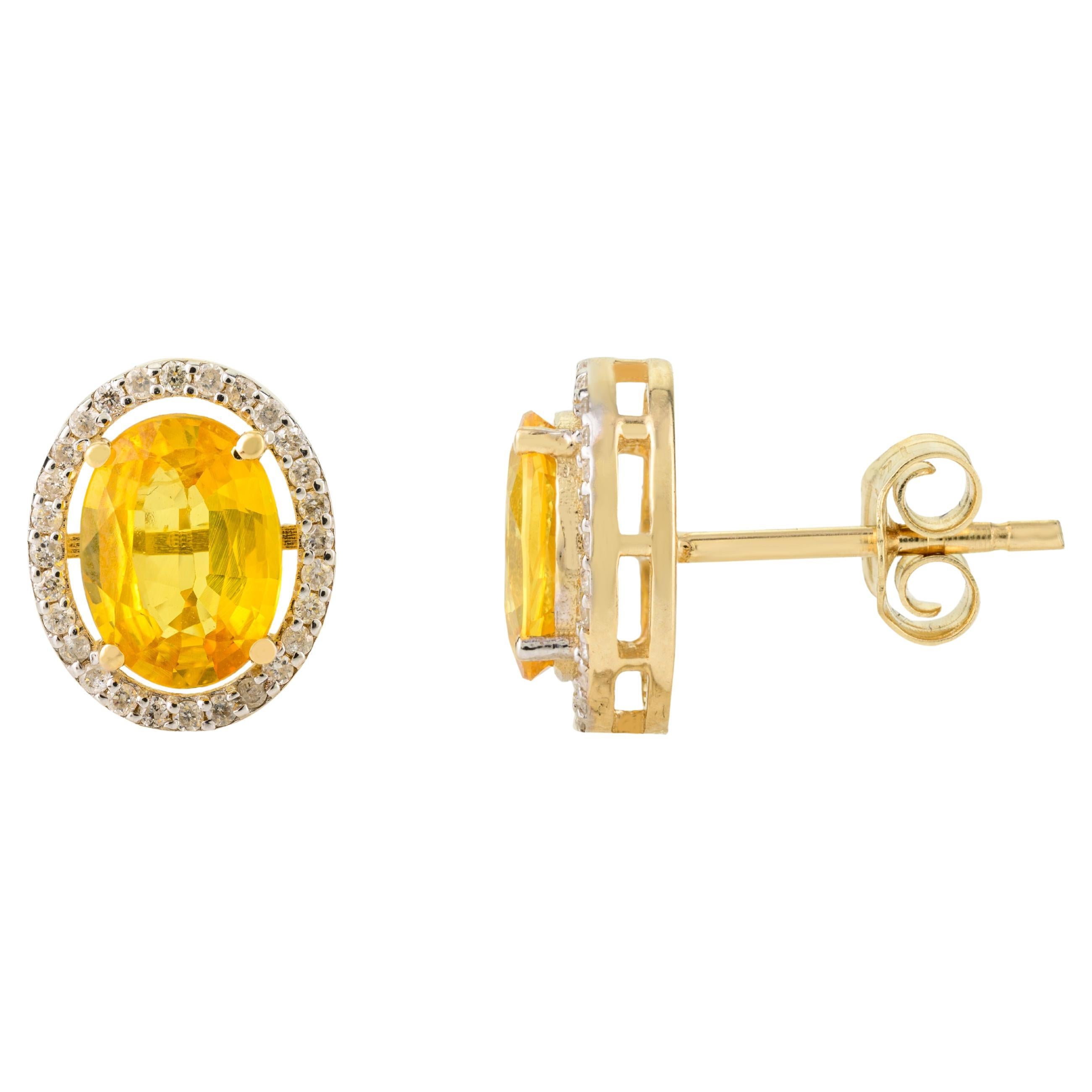 Oval Yellow Sapphire Diamond Halo Everyday Studs in 14k Yellow Gold for Her For Sale