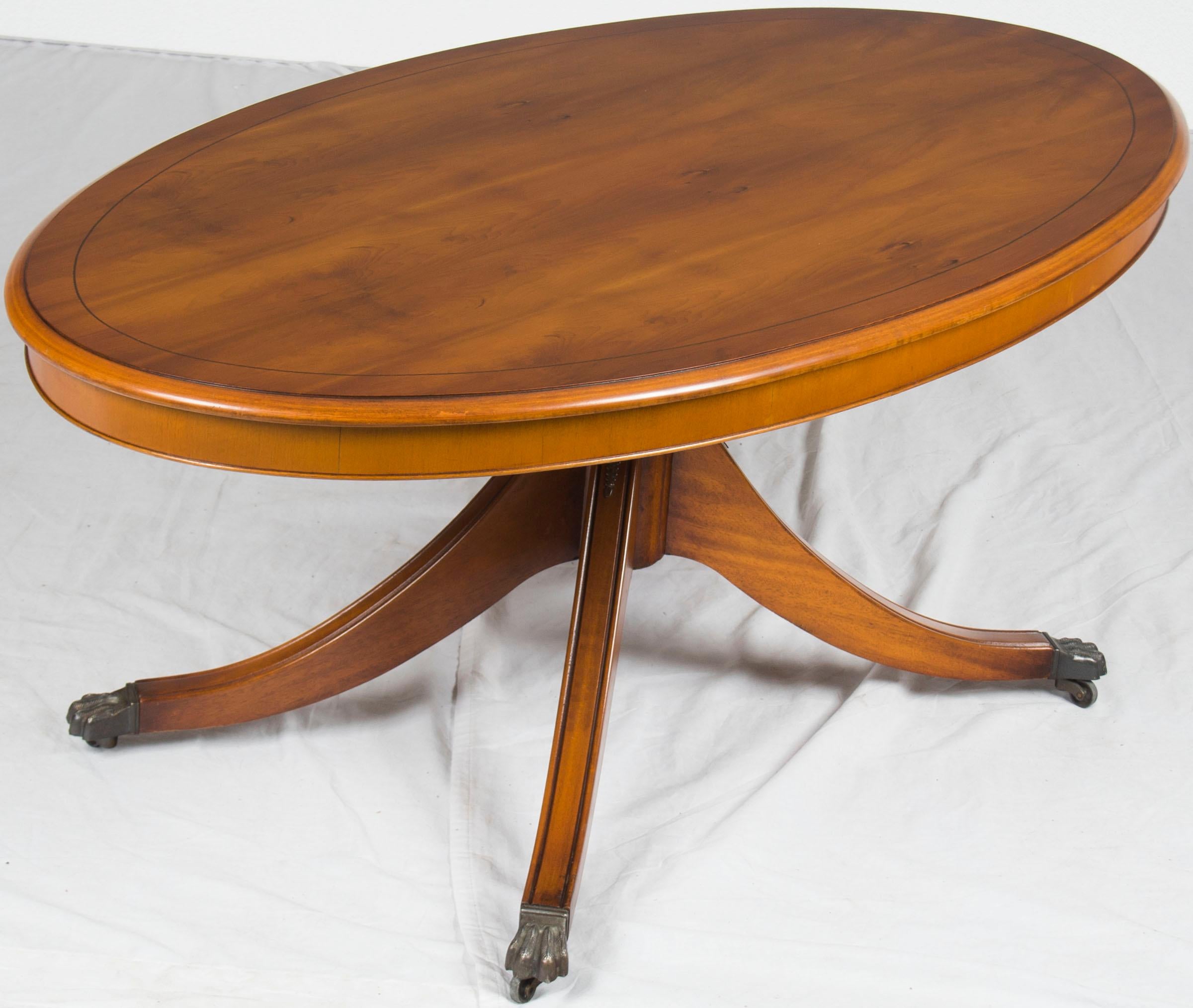 Oval Yew Wood Pedestal Base Coffee Cocktail Table For Sale 2